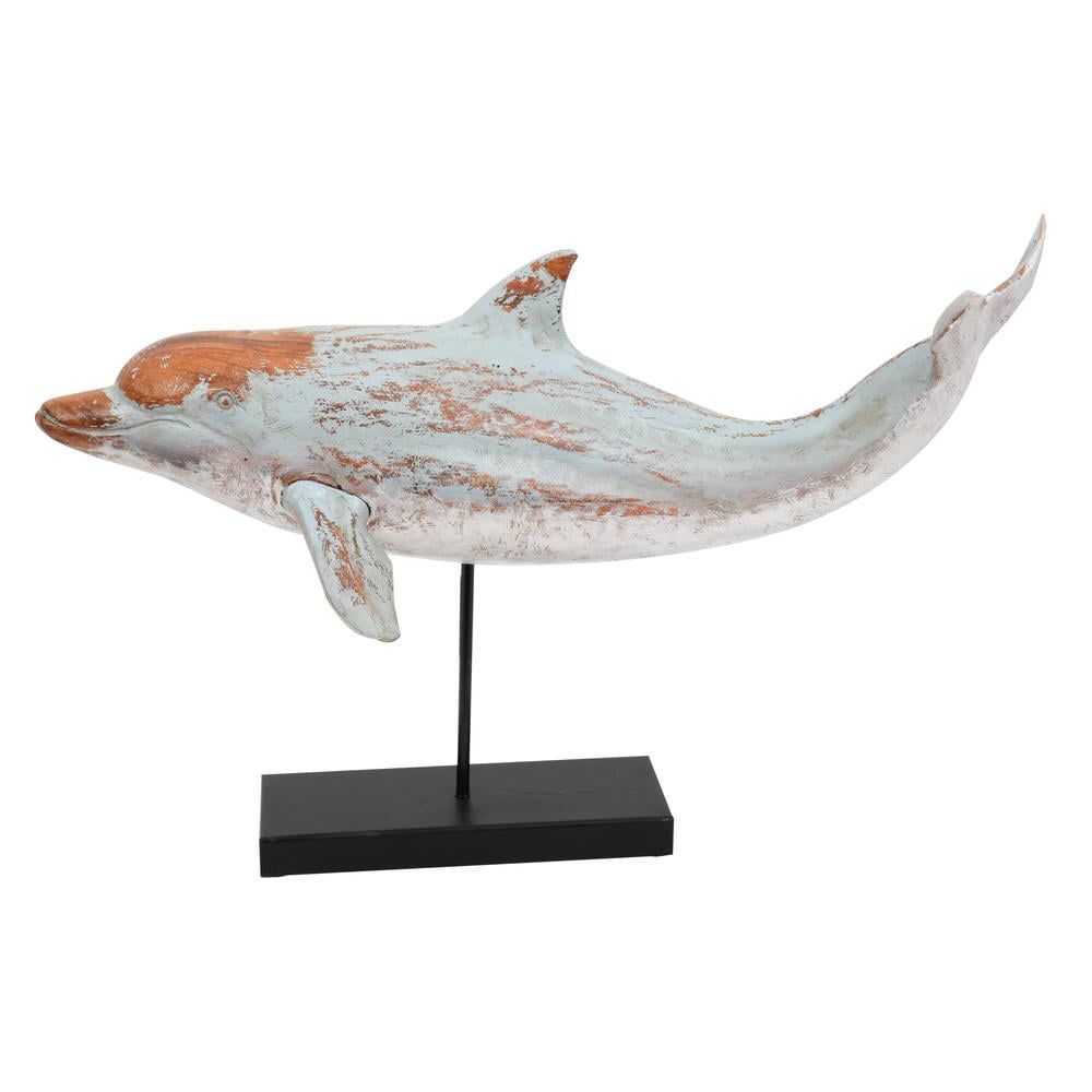 Distressed Blue Resin Dolphin Statue on Black Stand