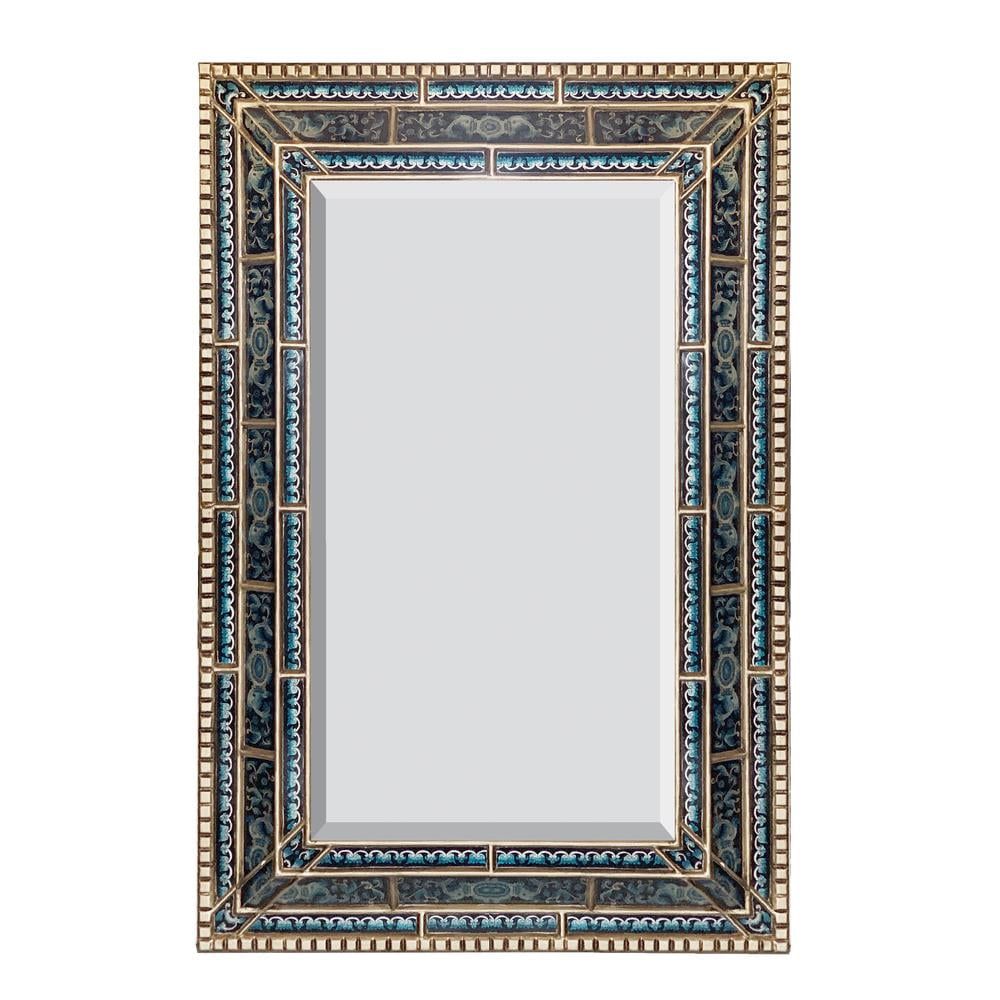 Peruvian Blue and Silver Reverse Painted Glass Mirror