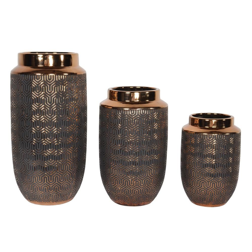 Set of 3 Copper and Black Geometric Porcelain Vases