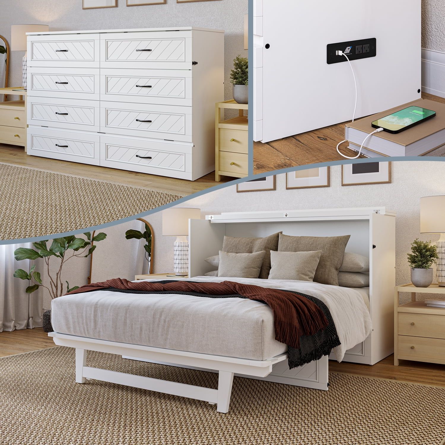 White Queen Murphy Bed Chest with Storage Drawer and USB Ports