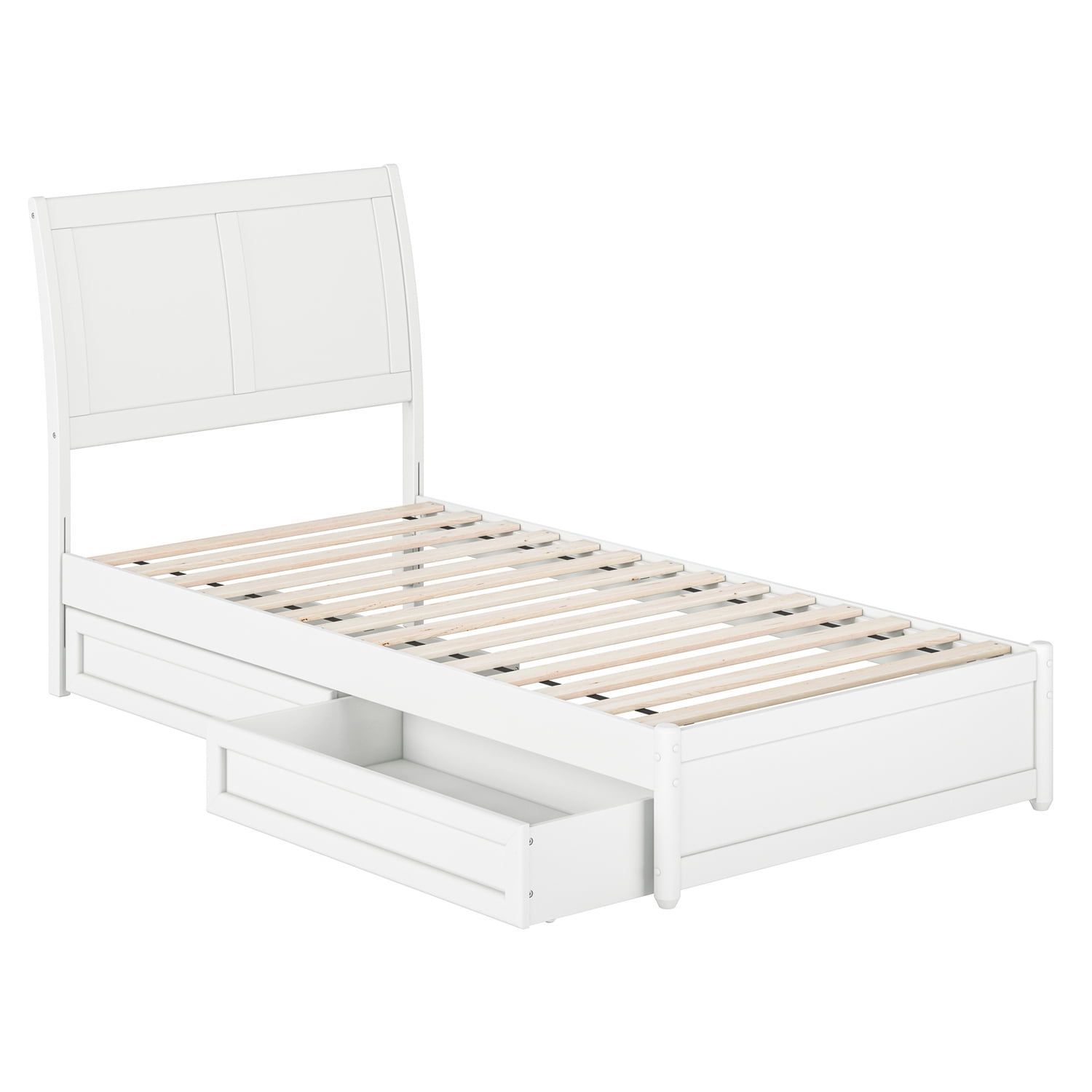 White Twin Wood Platform Bed with Storage Drawers and Slats