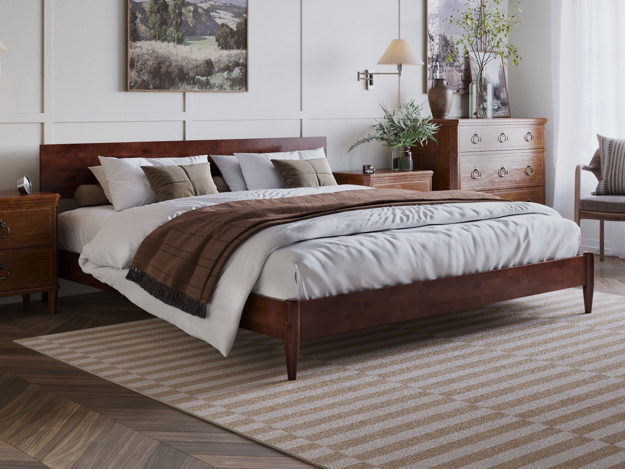 Aria King Walnut Wood Low Profile Platform Bed with Headboard