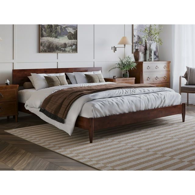 Aria King Walnut Wood Low Profile Platform Bed with Headboard