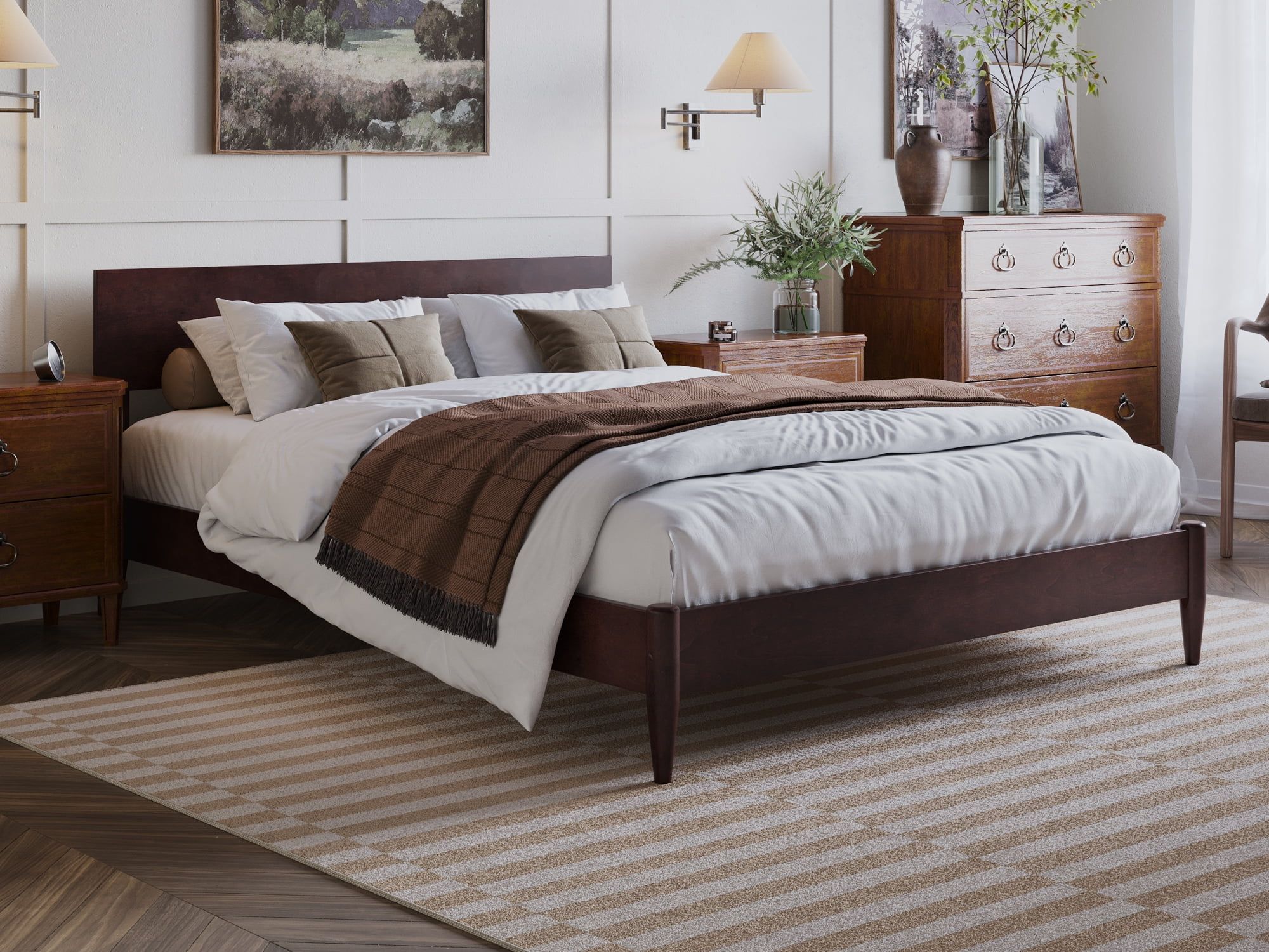 Aria Espresso Queen Solid Wood Low Profile Platform Bed with USB Ports