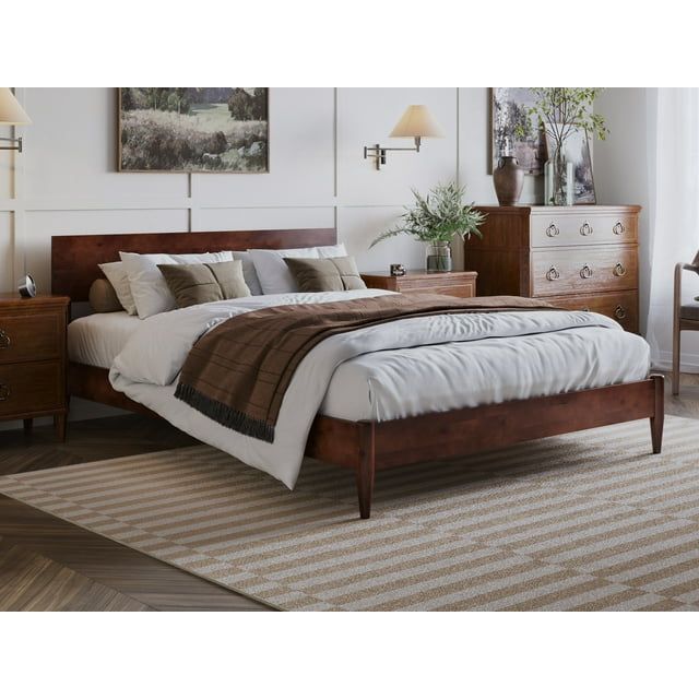 Aria Queen Walnut Wood Low Profile Platform Bed with Headboard