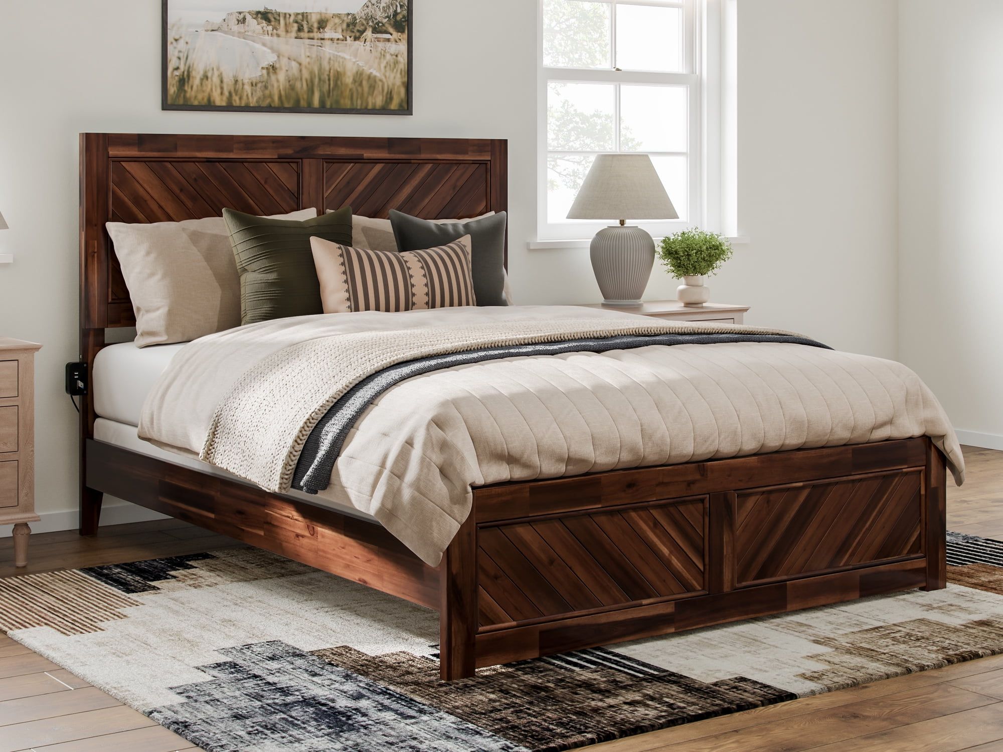 Berkshire Queen Walnut Wood Platform Bed with Chevron Headboard