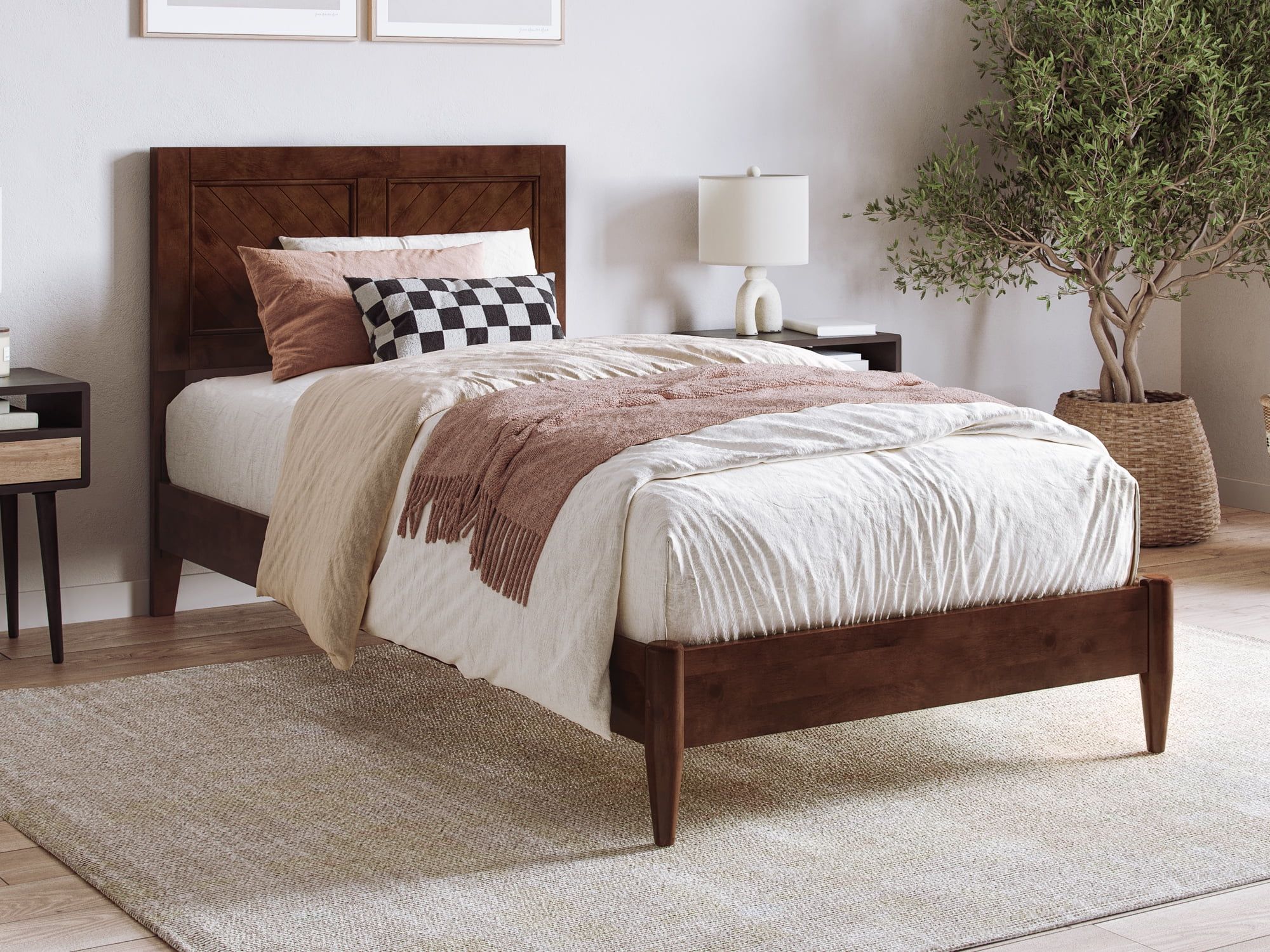 Berkshire Twin XL Walnut Wood Low Profile Platform Bed