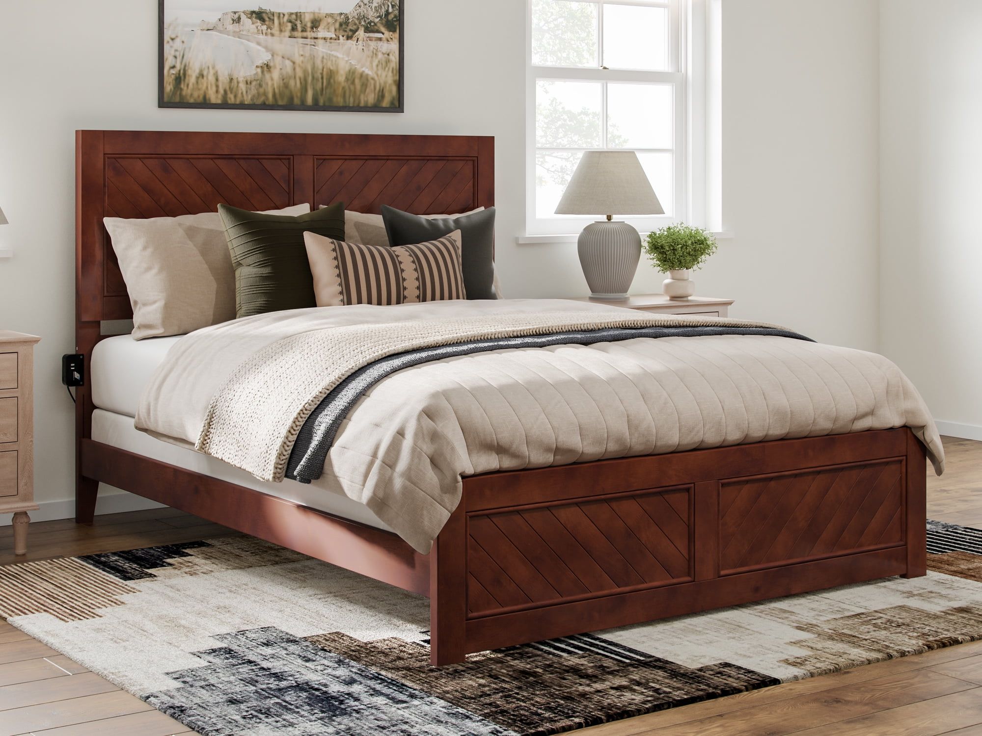 Canyon Walnut Wood Queen Bed Frame with Chevron Headboard