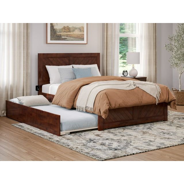 Walnut Wood Full Platform Bed with Trundle and USB Charger