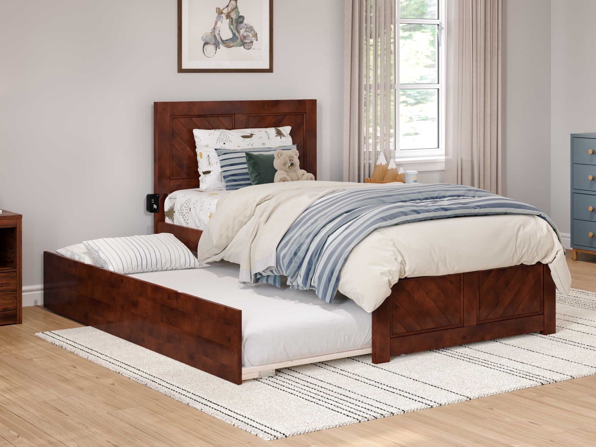 Canyon Walnut Twin Platform Bed with Trundle and Chevron Headboard