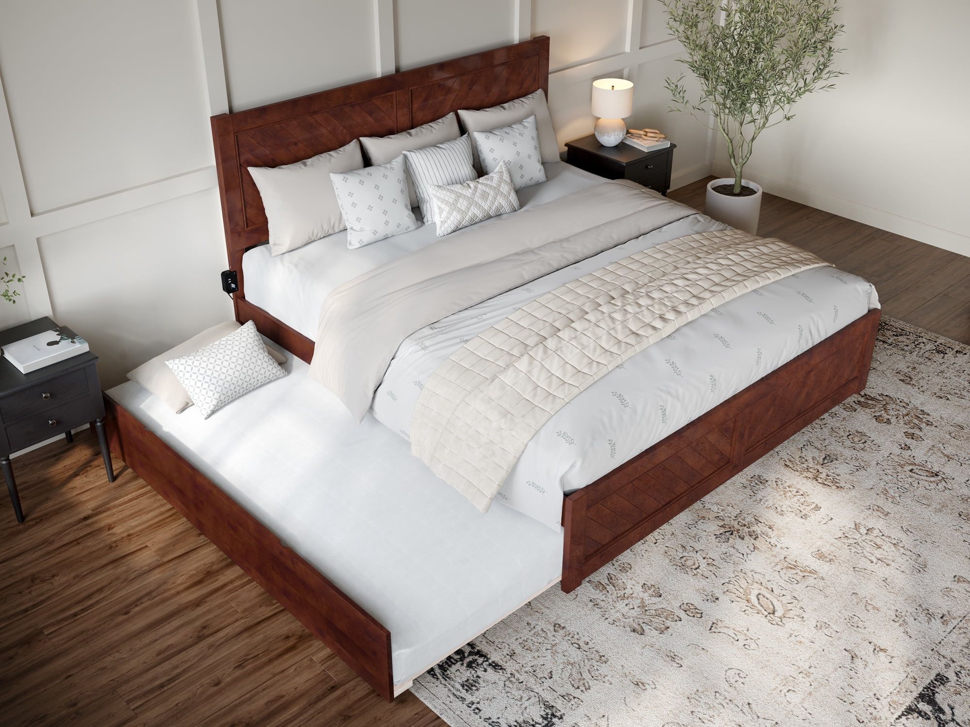 Canyon Walnut King Platform Bed with Trundle and Chevron Headboard