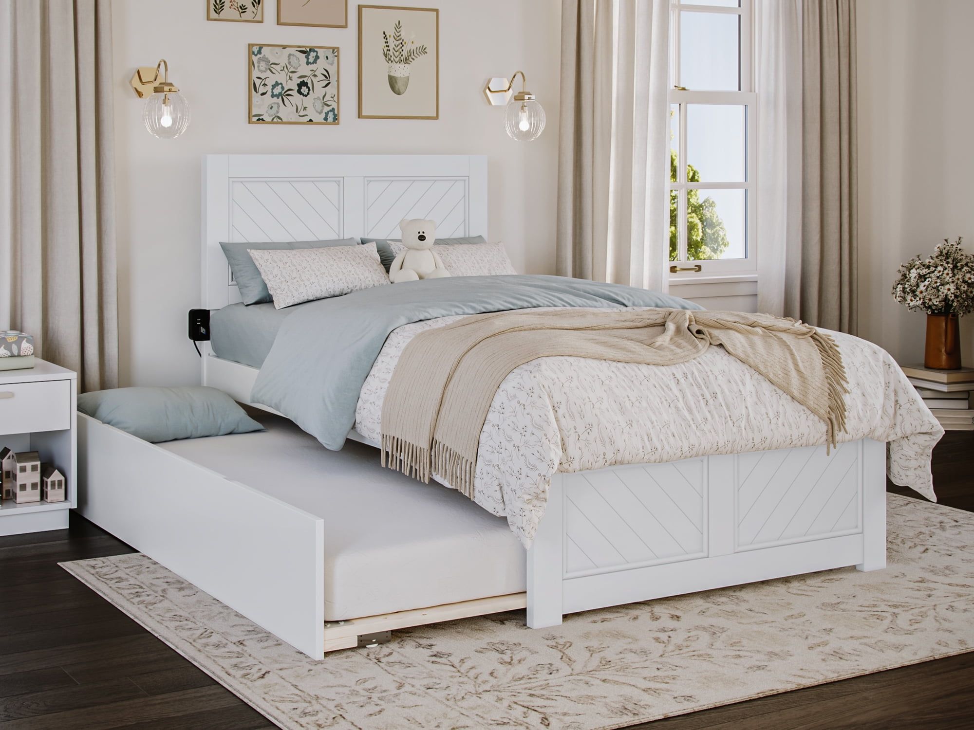 Canyon White Twin Platform Bed with Trundle and Chevron Headboard