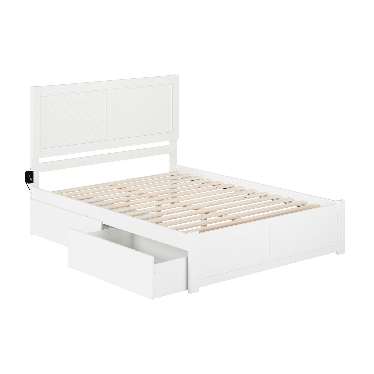 White Wood Queen Platform Bed with Storage Drawers and Chevron Headboard