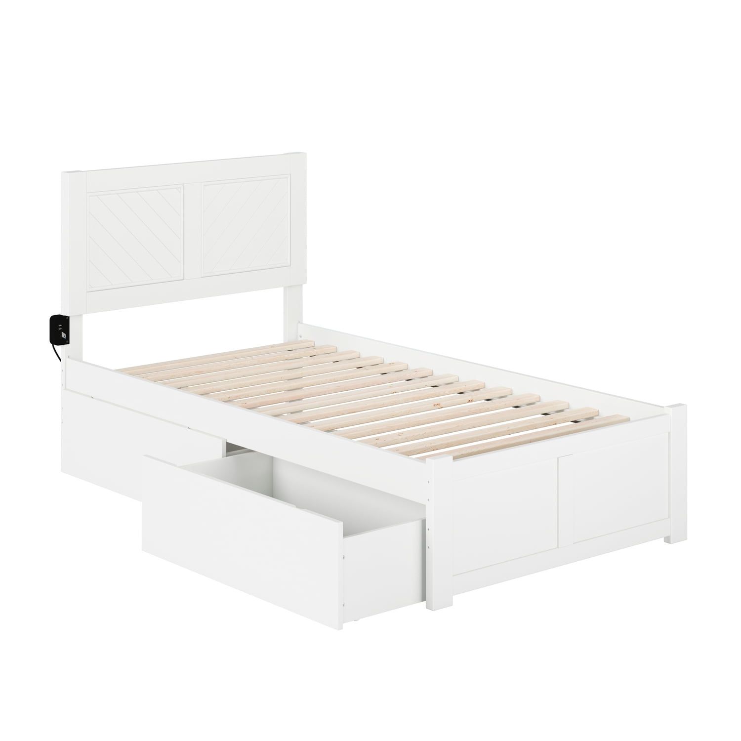 White Twin Wood Platform Bed with Headboard and Storage Drawers