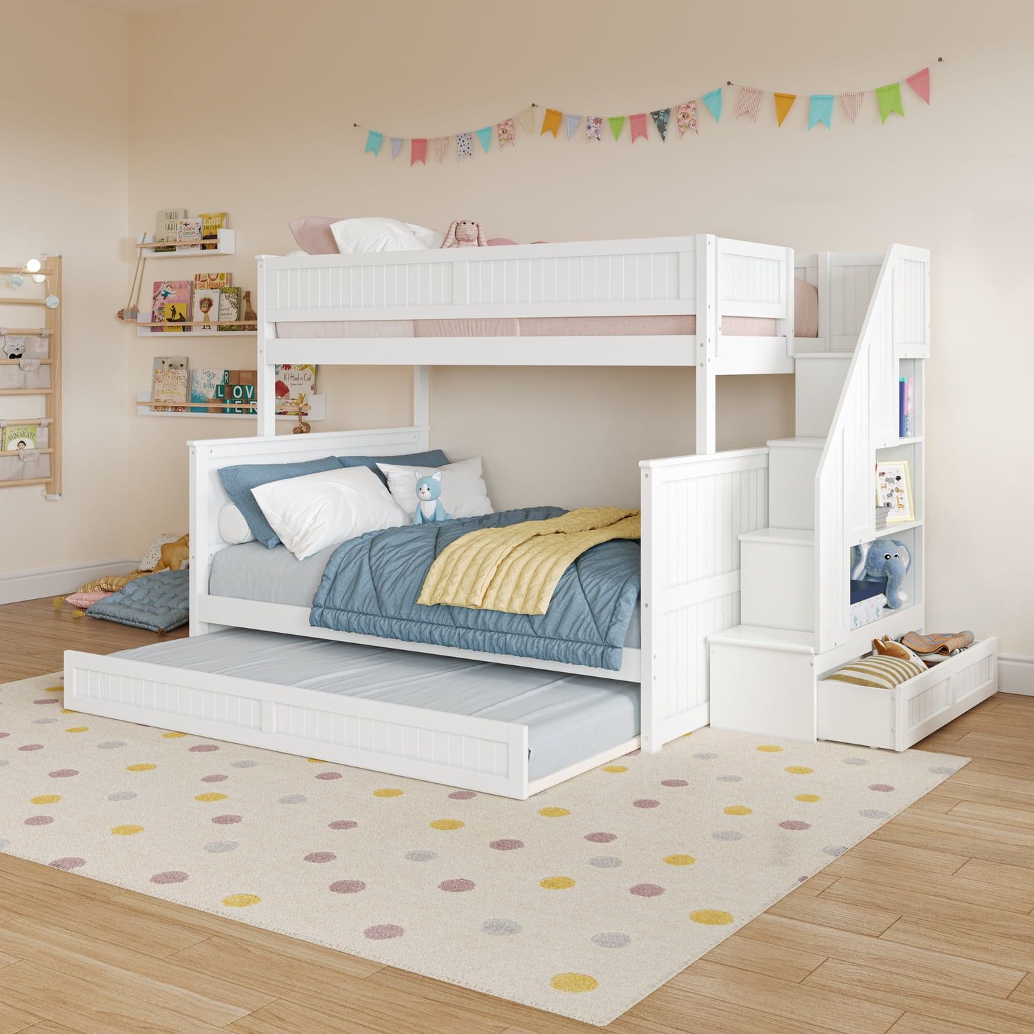 White Twin Over Full Wood Bunk Bed with Trundle and Storage