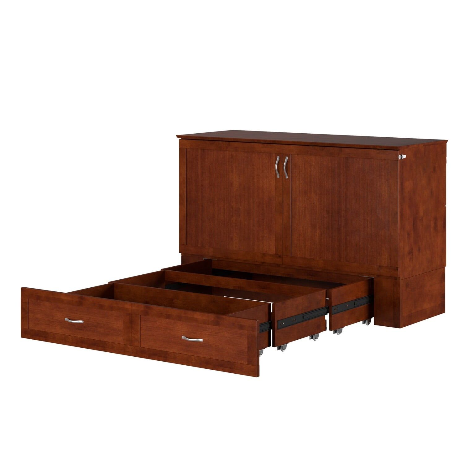 Walnut Full Murphy Bed Chest with Upholstered Wood Frame and Drawer