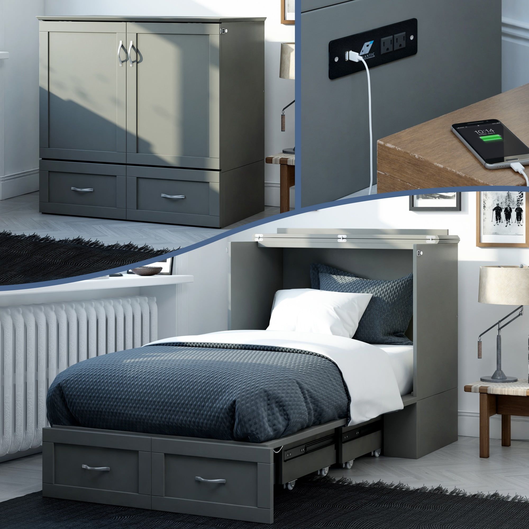 Hamilton Gray Twin XL Wood Murphy Bed Chest with Upholstered Mattress and Drawer