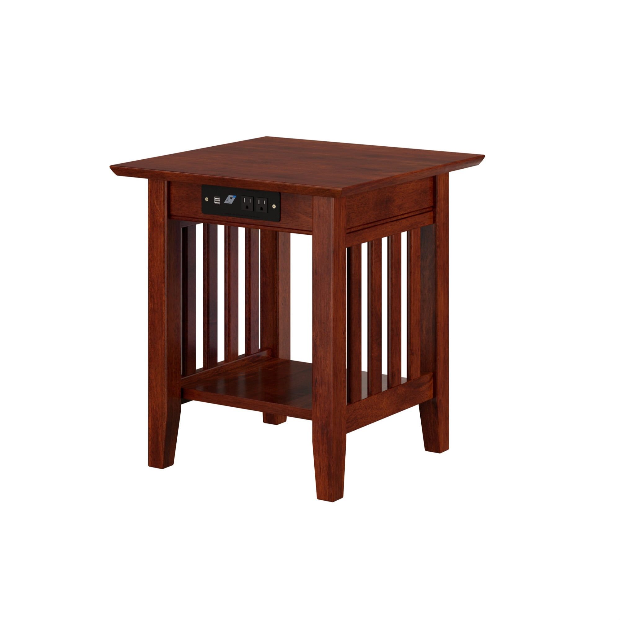 Walnut Solid Hardwood End Table with USB Charger, 20 in, Set of 2