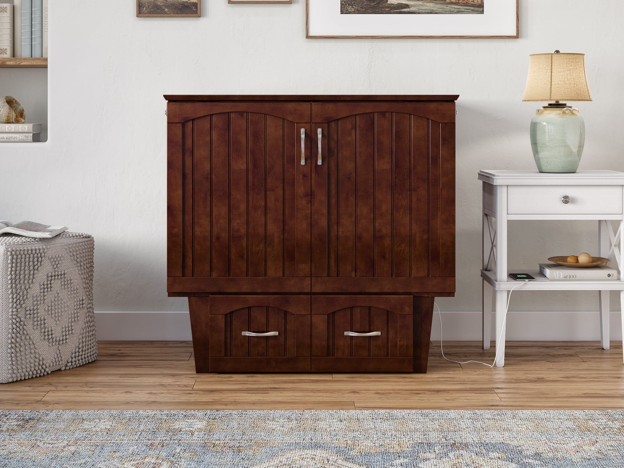 Nantucket Walnut Twin Wood Murphy Bed Chest with Storage Drawer