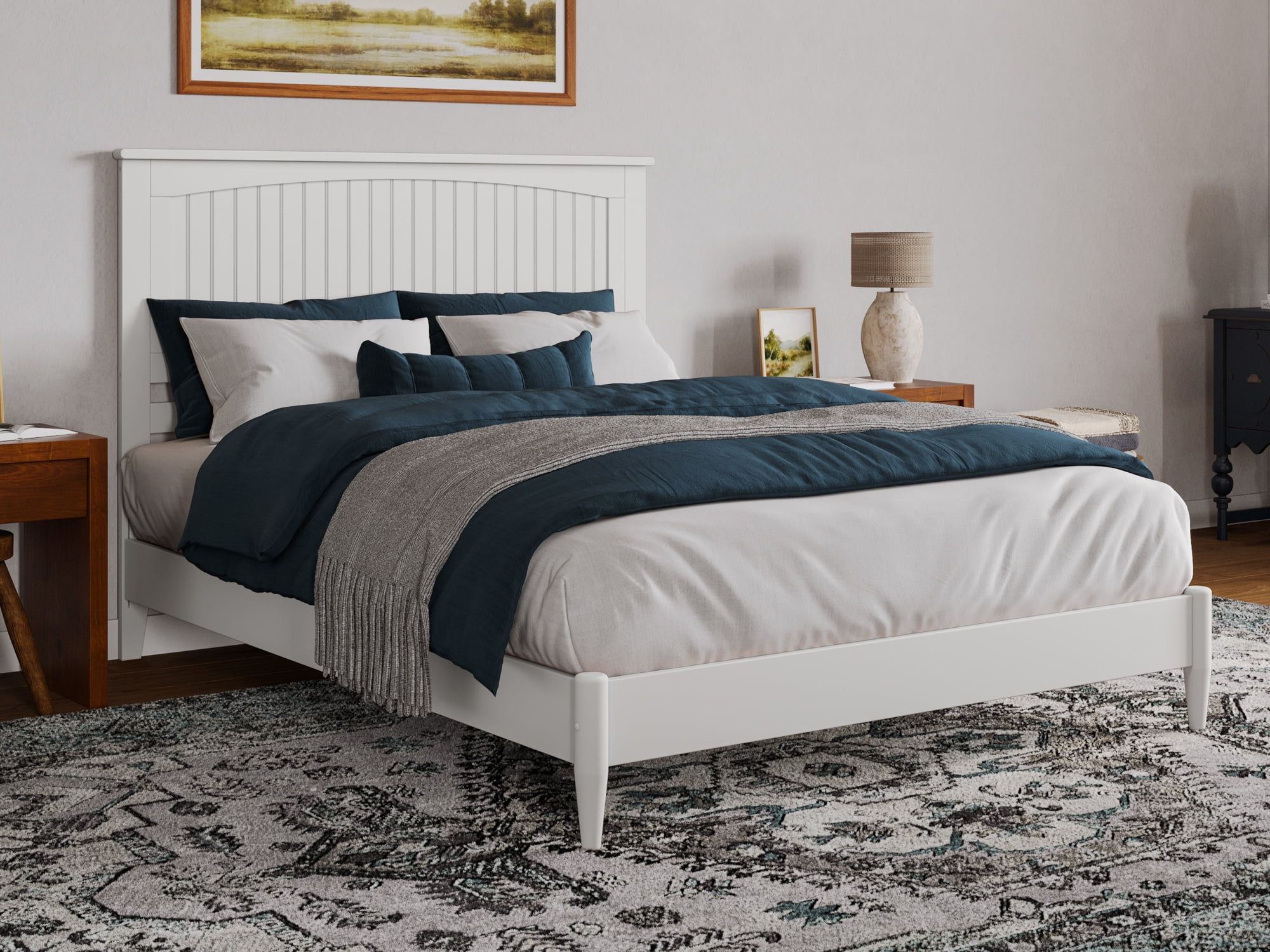 Naples White Queen Wood Low Profile Platform Bed with Slats