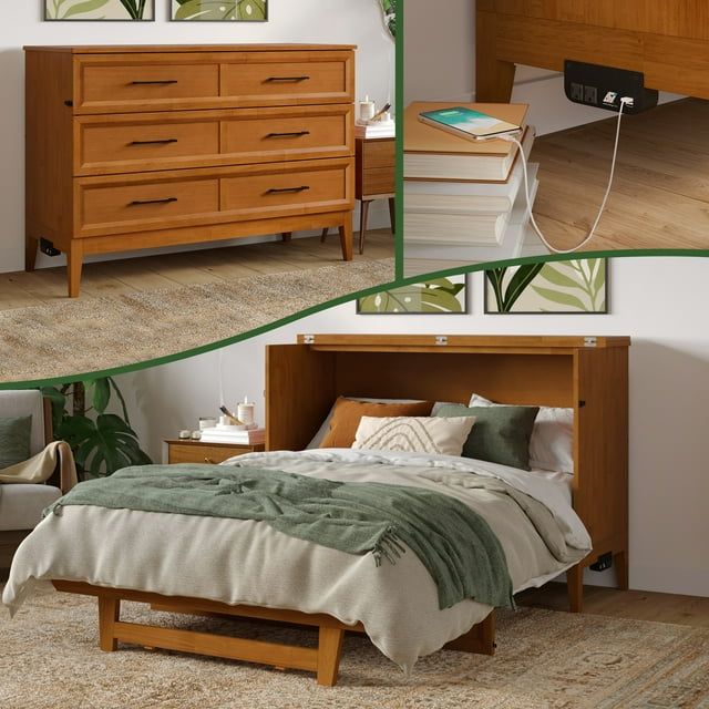 Light Toffee Full Wood Murphy Bed Chest with Mattress and USB Charger
