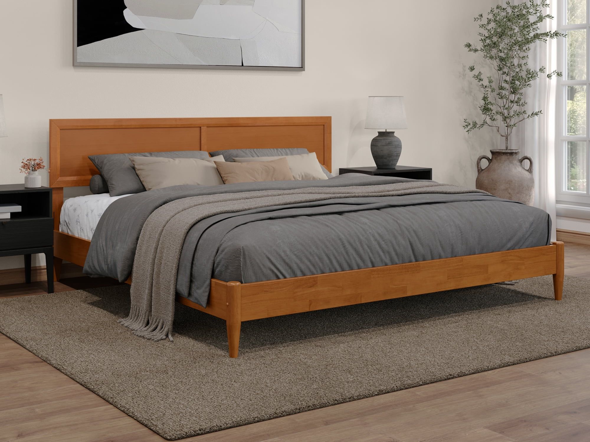 Sophia Light Toffee King Solid Wood Platform Bed with Headboard