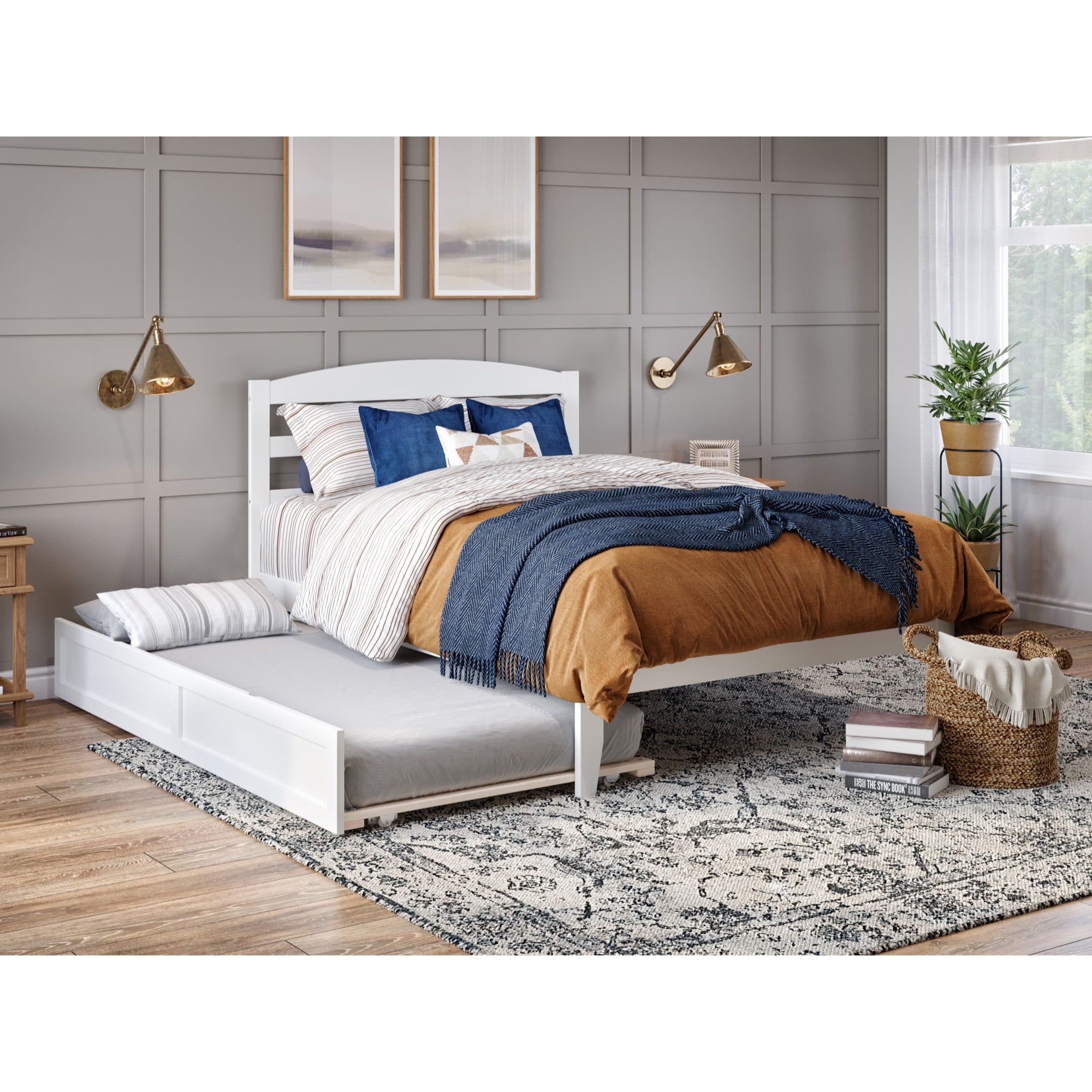 White Full Platform Bed with Trundle and Wood Headboard