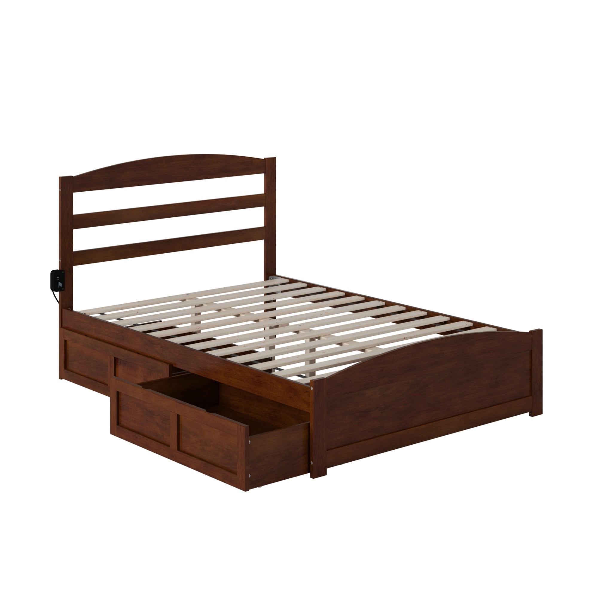 Walnut Full Platform Bed with Storage Drawers and Slatted Headboard