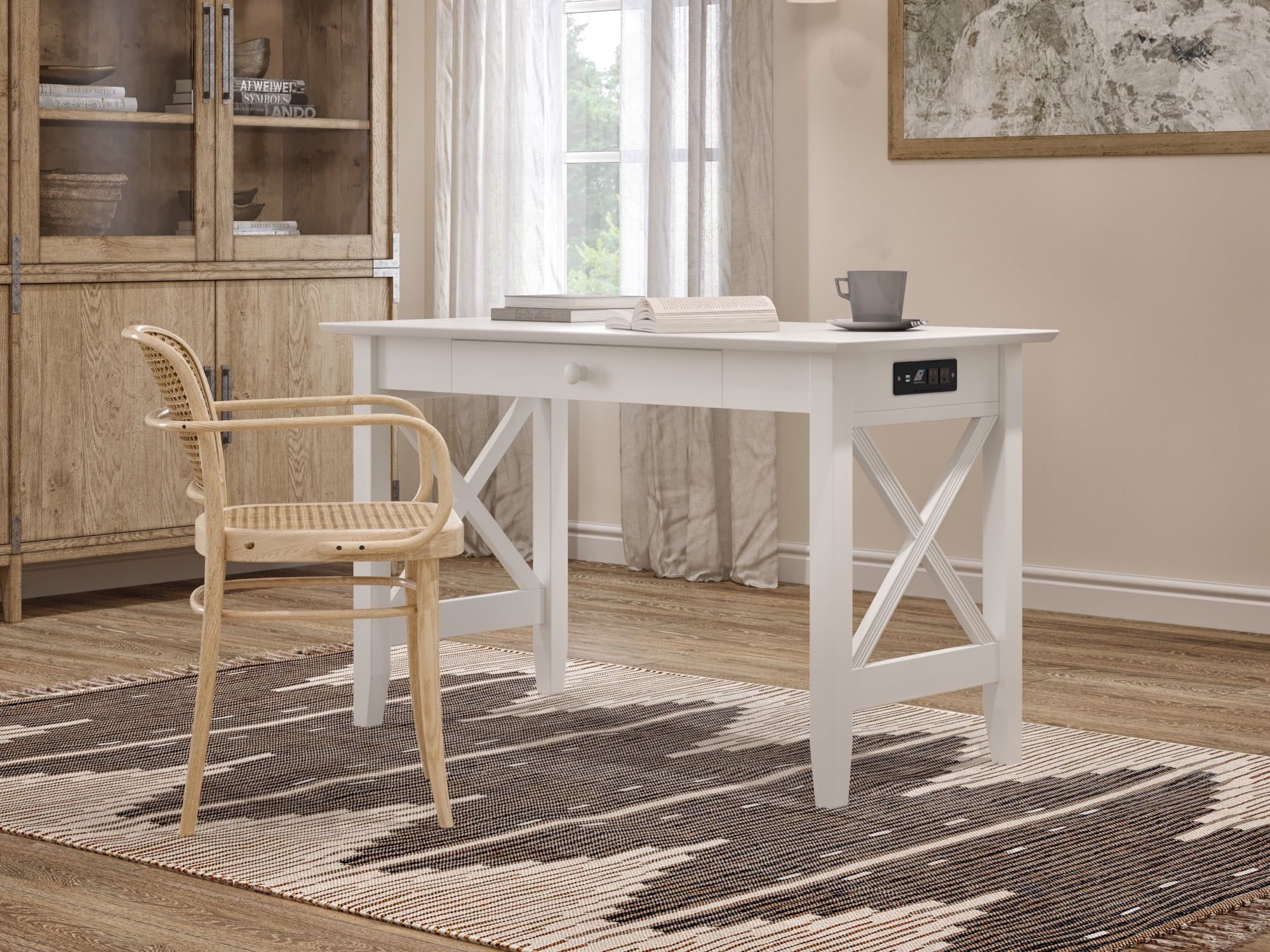 Sleek Solid Hardwood Writing Desk with Charging Drawer in Satin White