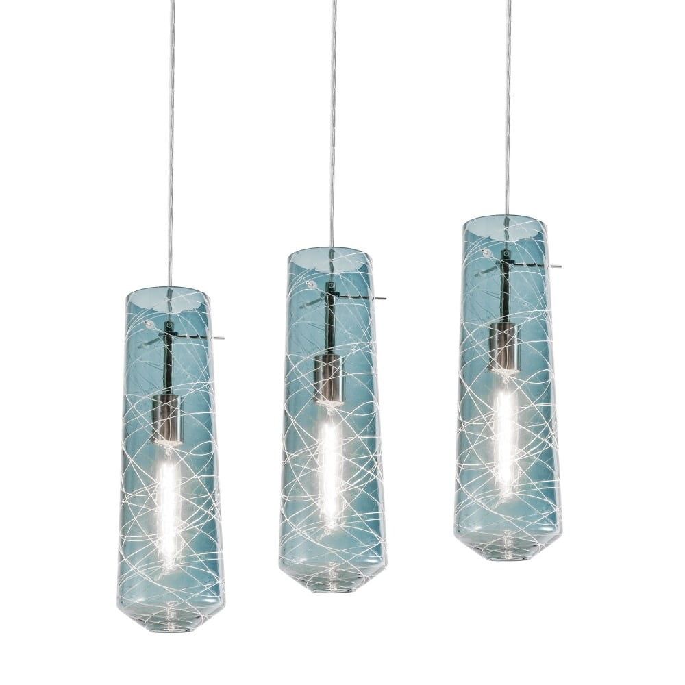 Satin Nickel 3-Light Linear Pendant with Blue Glass Shades