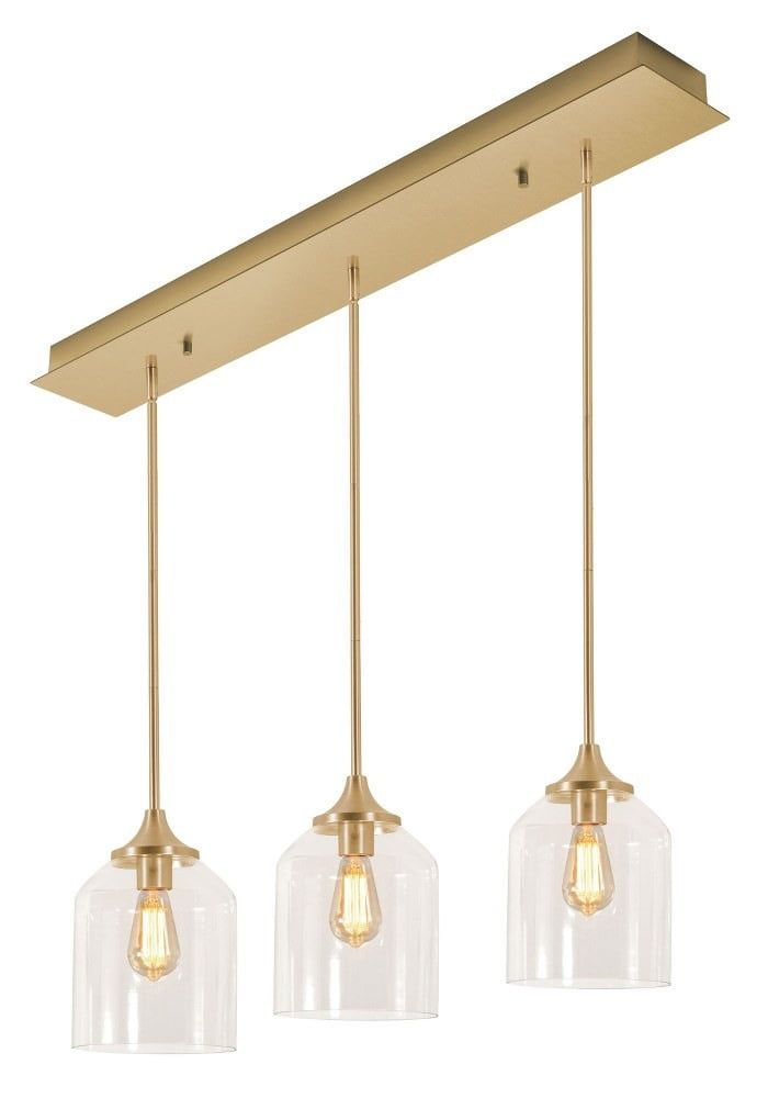 William Satin Brass 3-Light Linear Pendant with Clear Glass Shades