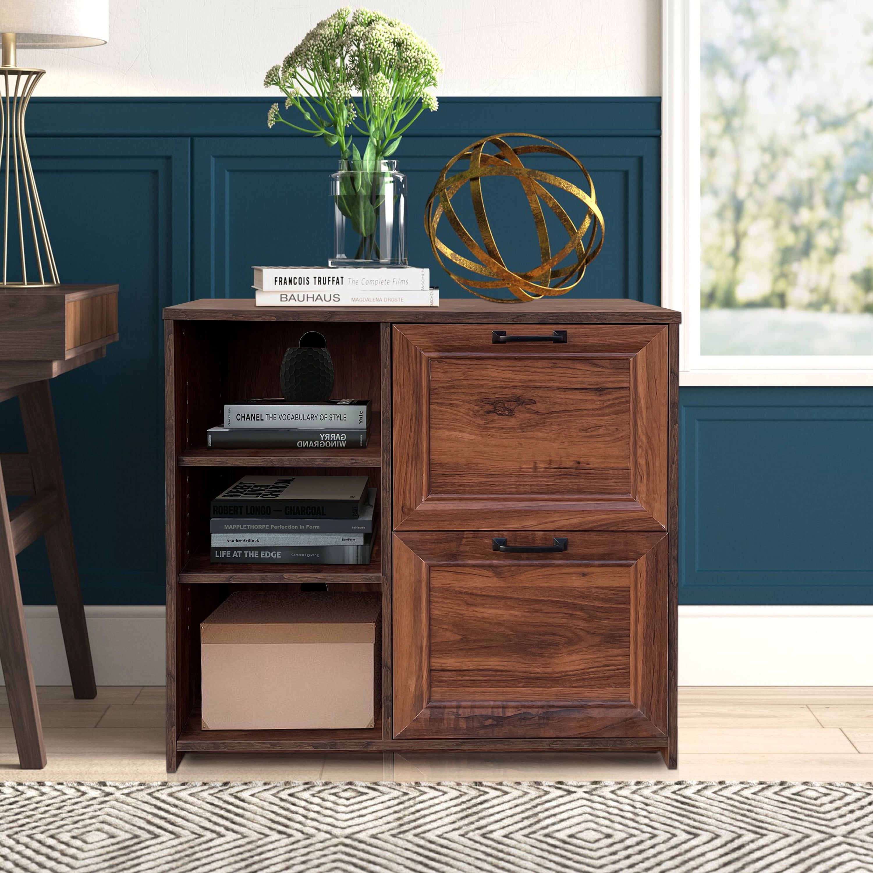 Walnut 2-Drawer Lateral Filing Cabinet with Shelves