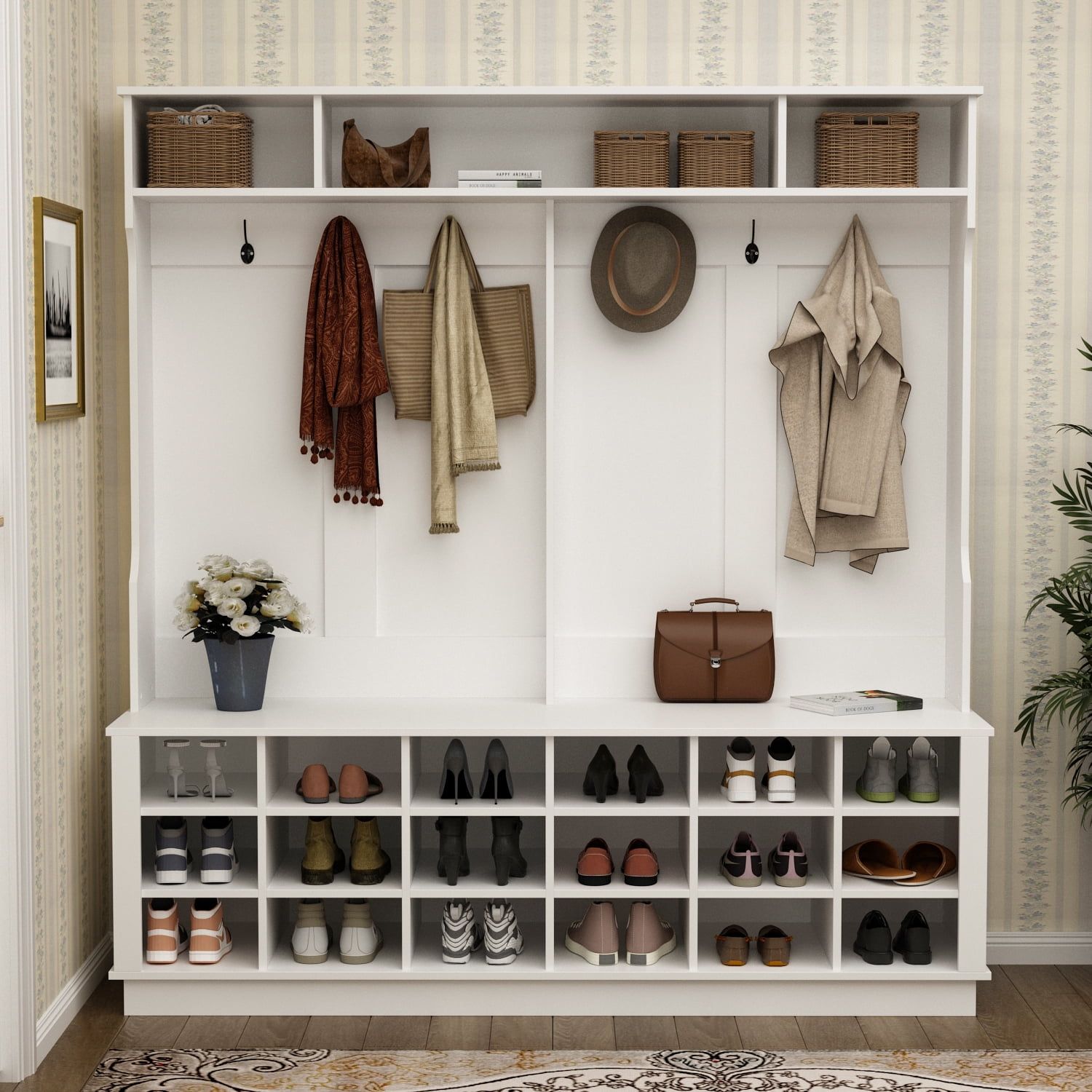 White Hall Tree with Shoe Storage Bench and Hooks