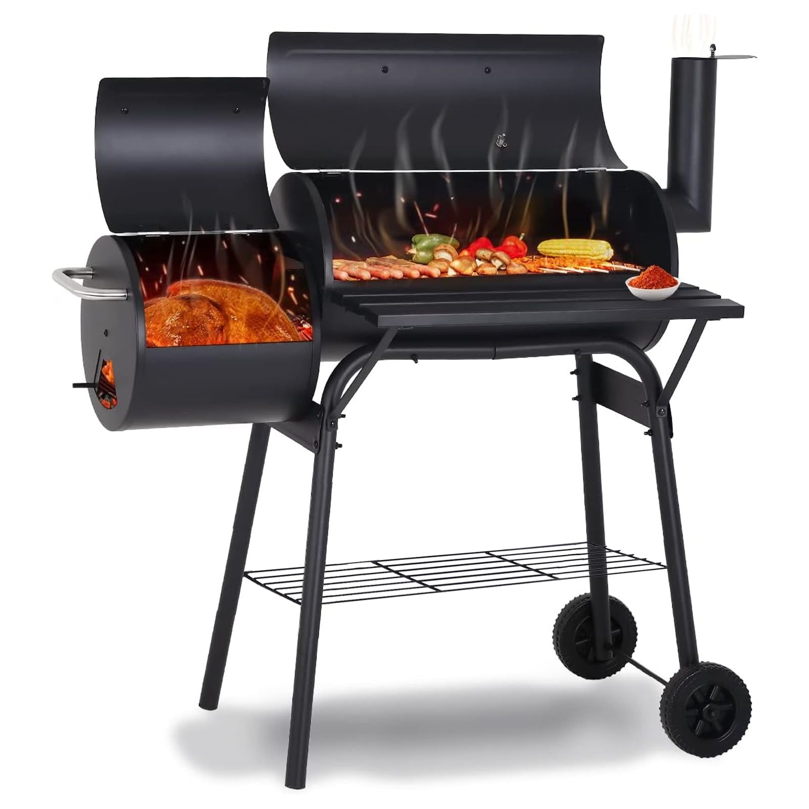 Black Steel Portable BBQ Grill with Offset Smoker