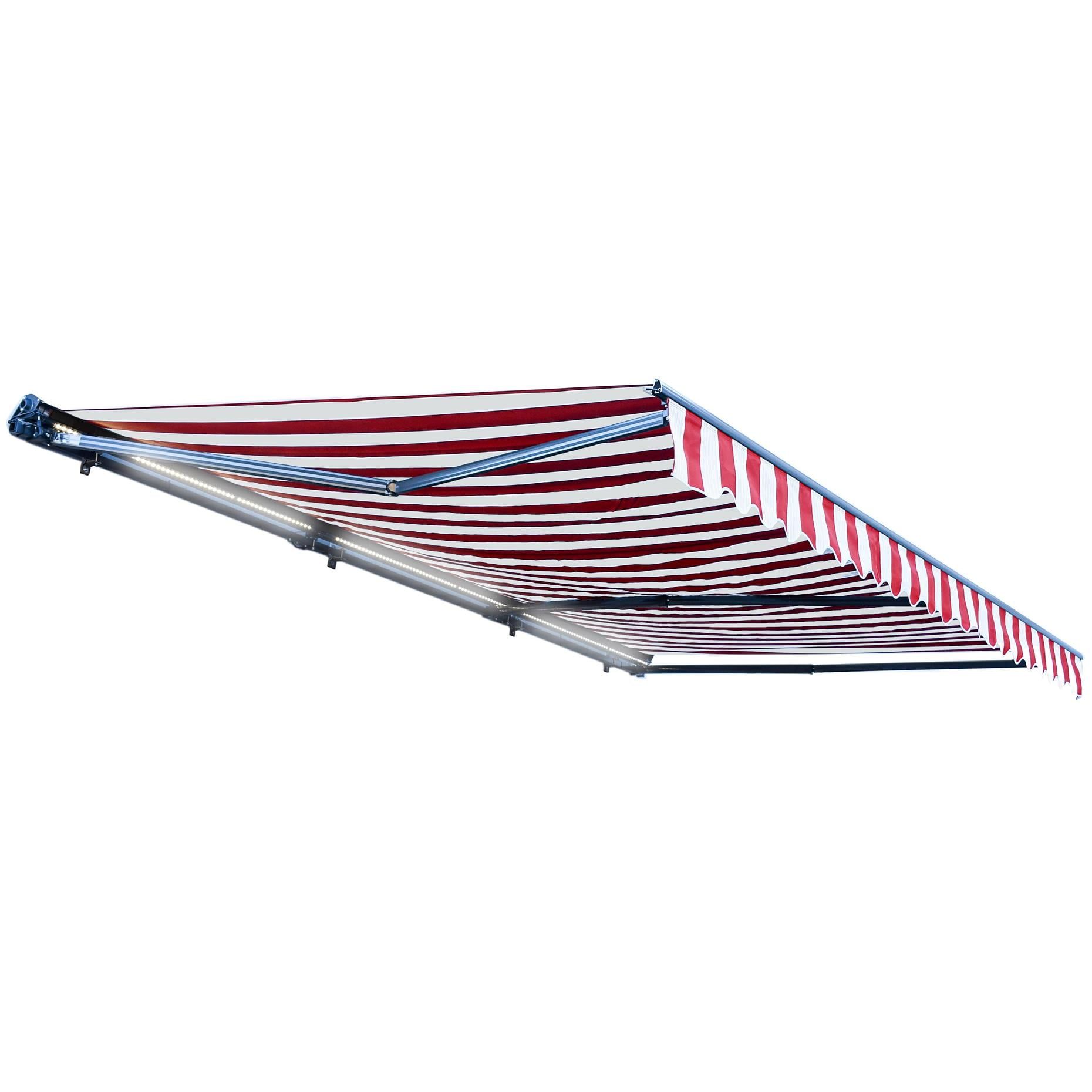 Red and White Striped Motorized LED Patio Awning with Semi-Cassette Frame