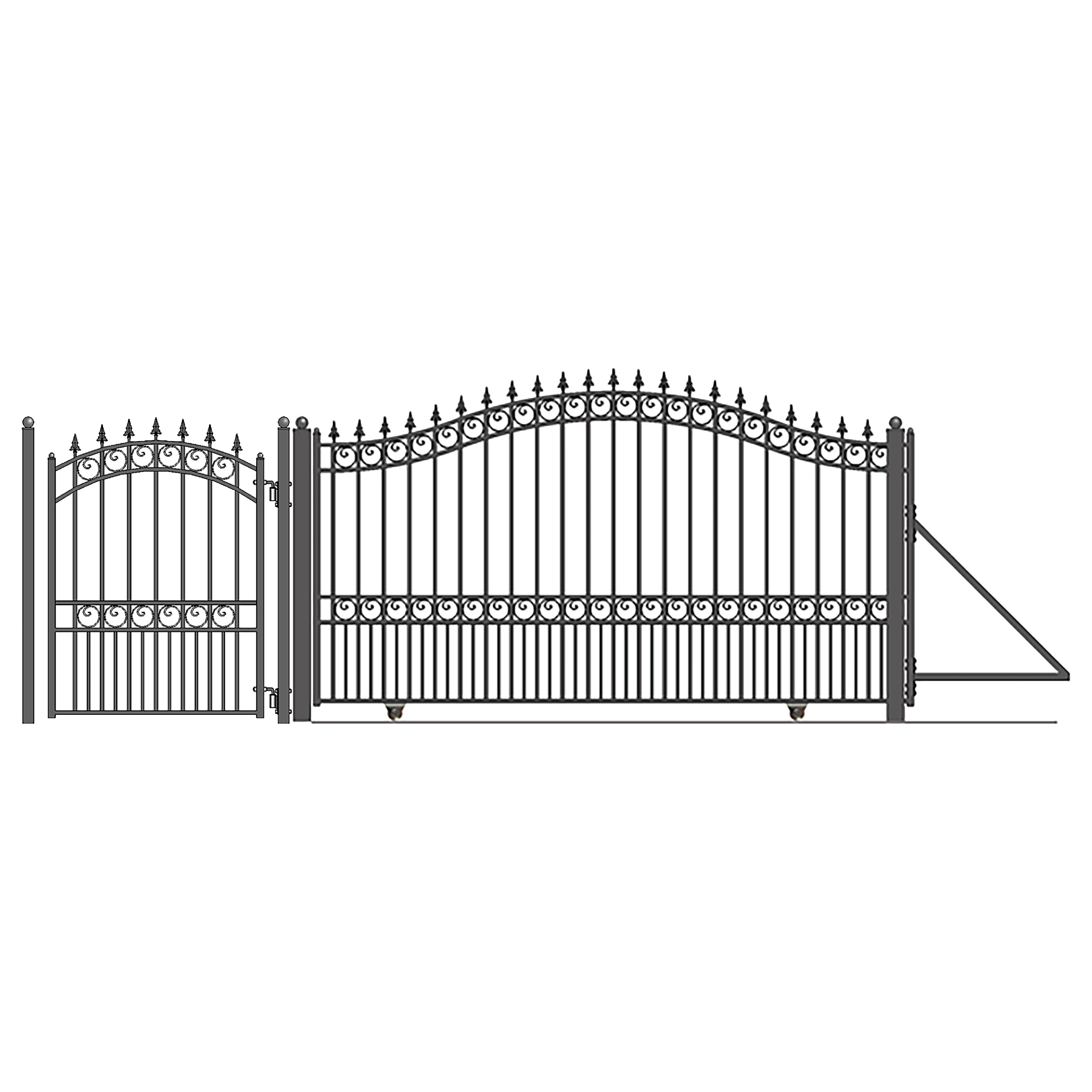 Black Steel Arched Sliding Driveway Gate with Gothic Pedestrian Gate