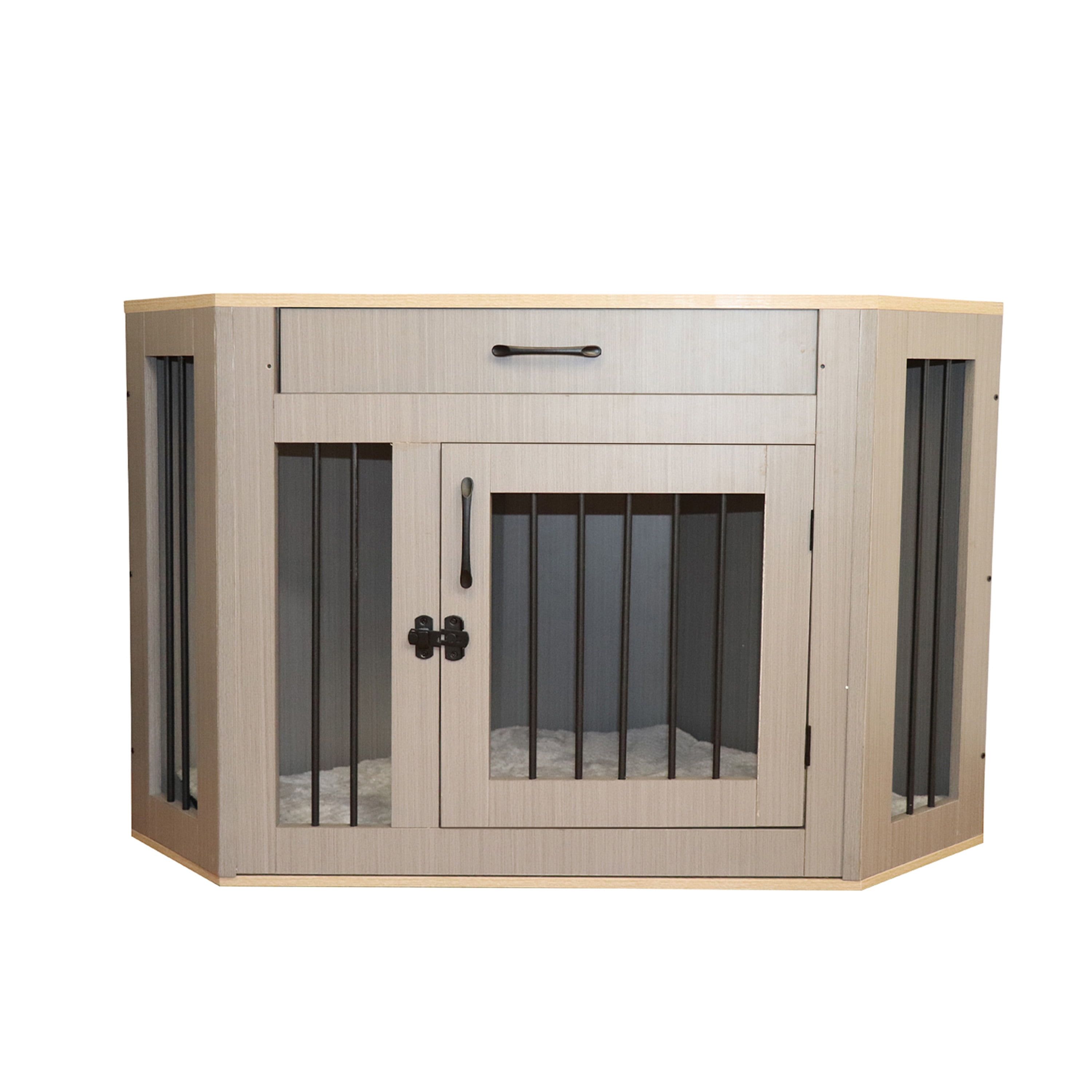 Large Gray Wooden Pet Crate with Drawer