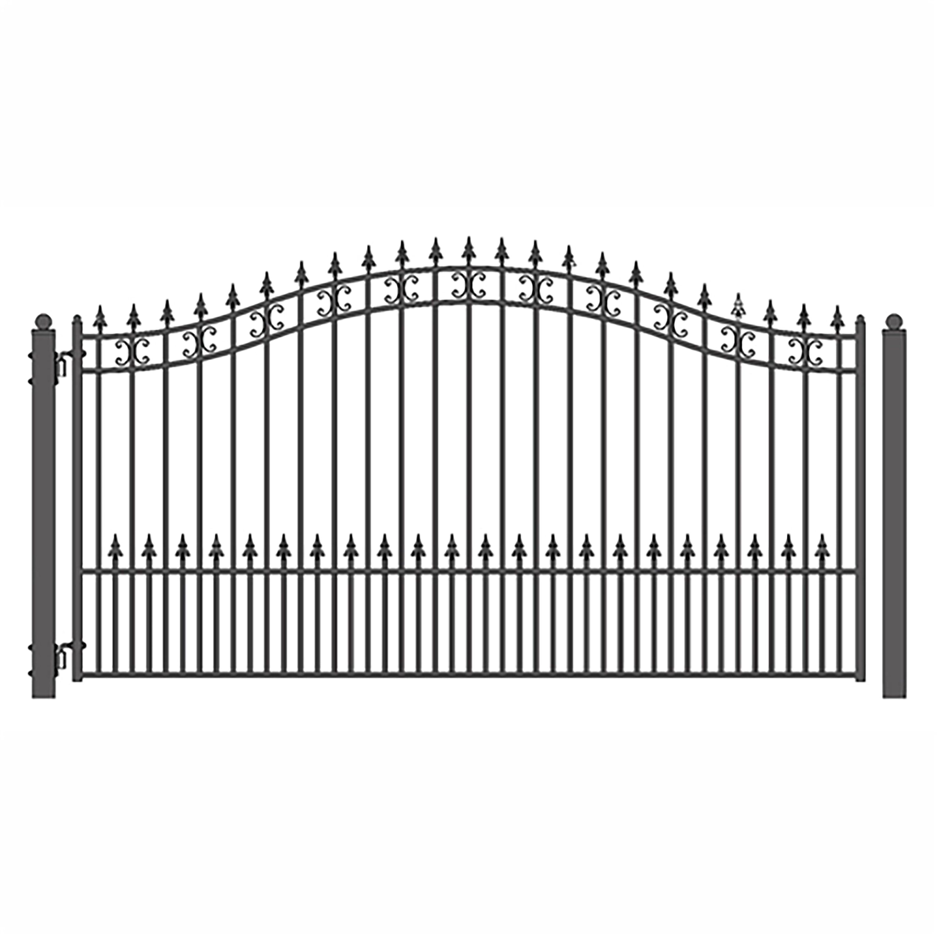 St. Louis Style Black Steel Arched Driveway Gate with Pointed Pickets