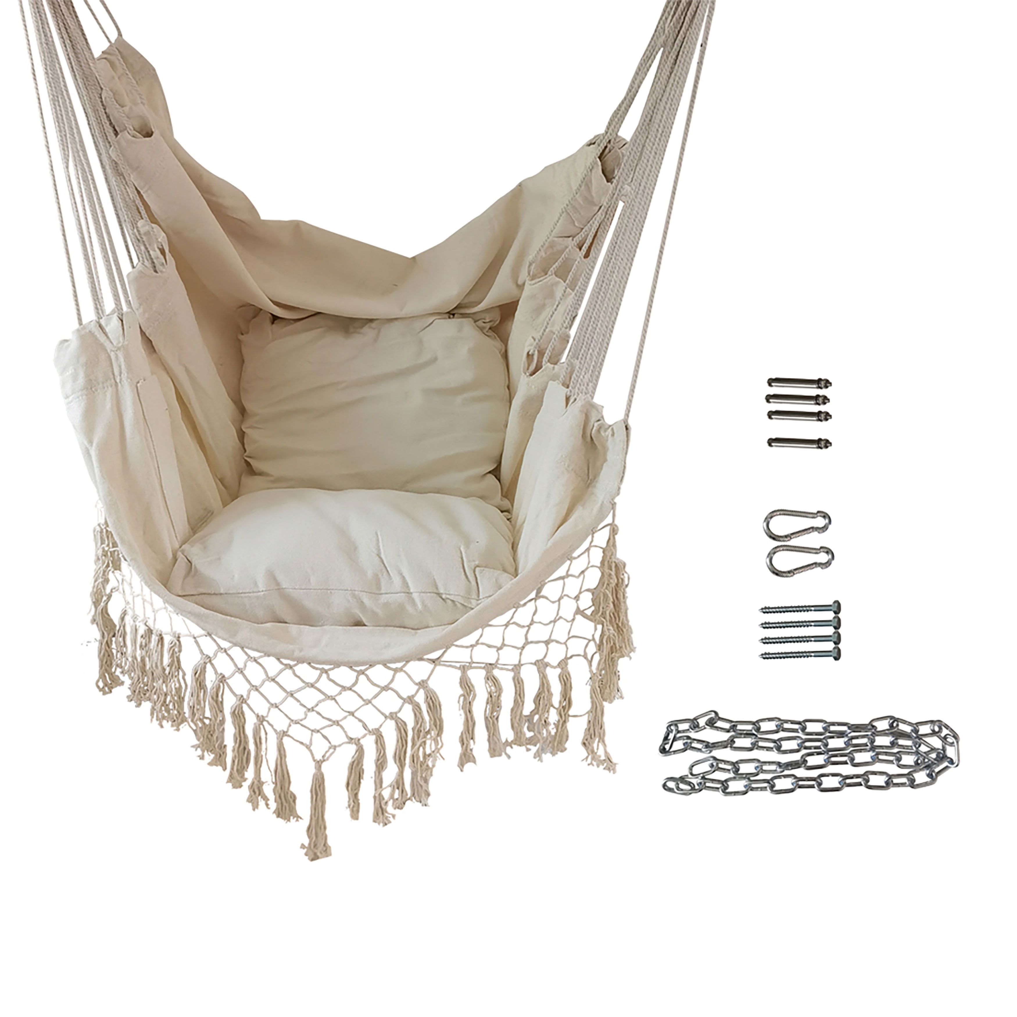 Ivory Cotton Hanging Rope Hammock Chair with Side Pocket