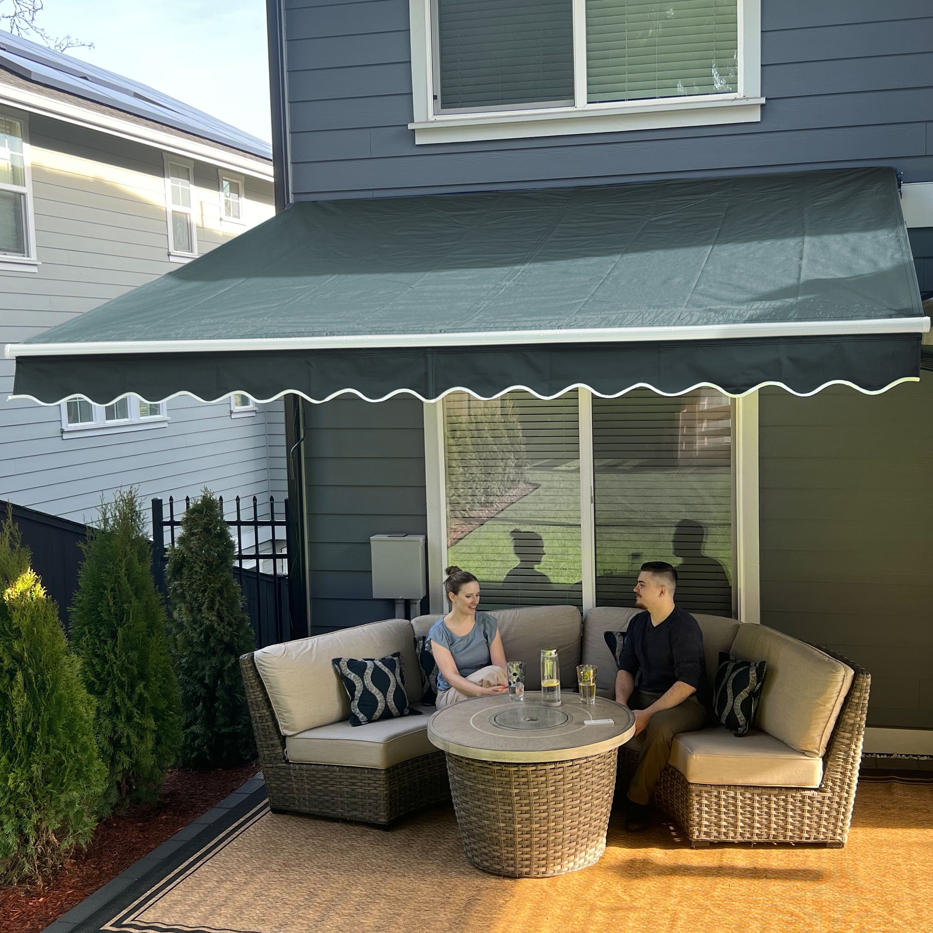 Forest Green Manual Retractable Patio Awning with White Frame