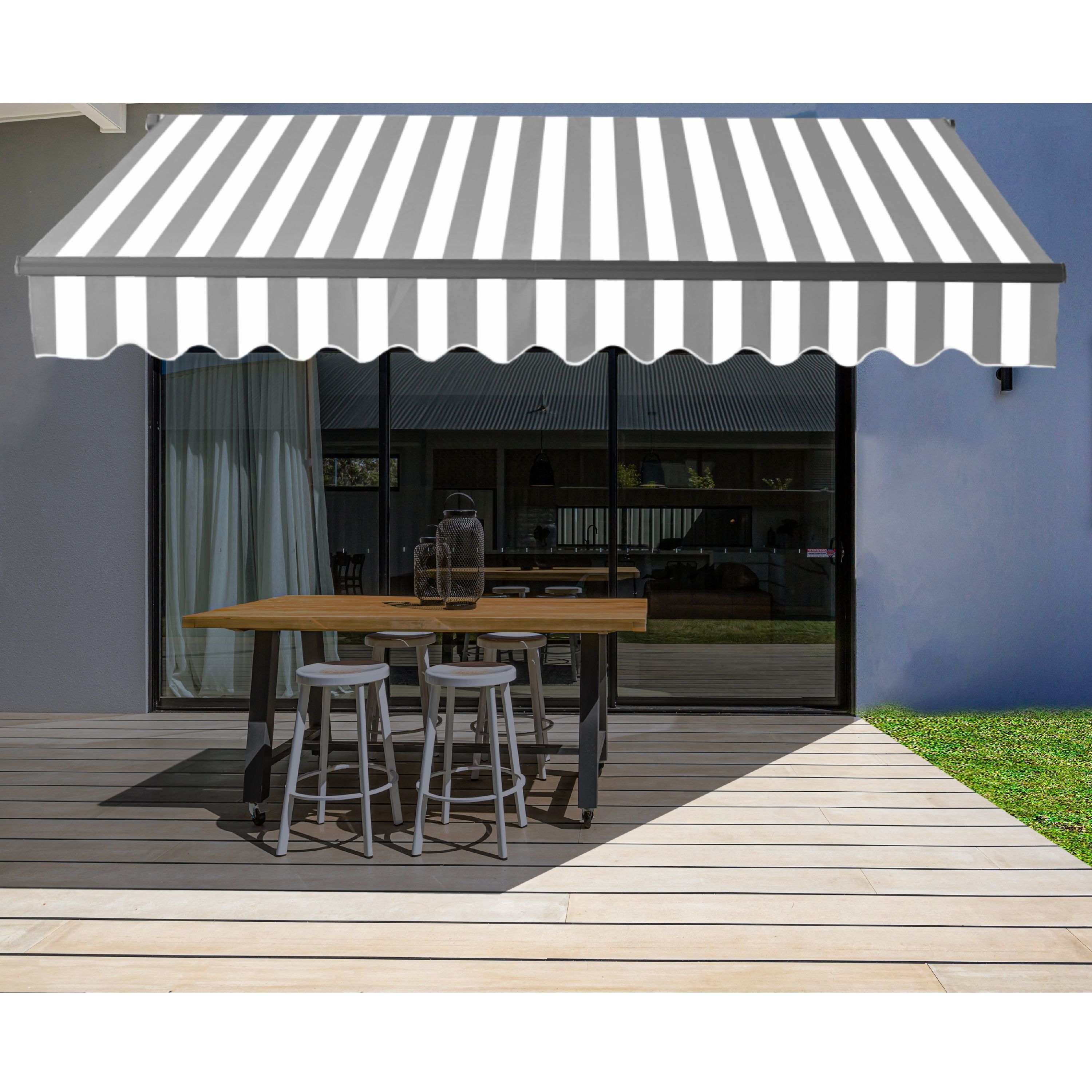 Gray and White Striped Motorized Retractable Patio Awning with Black Frame