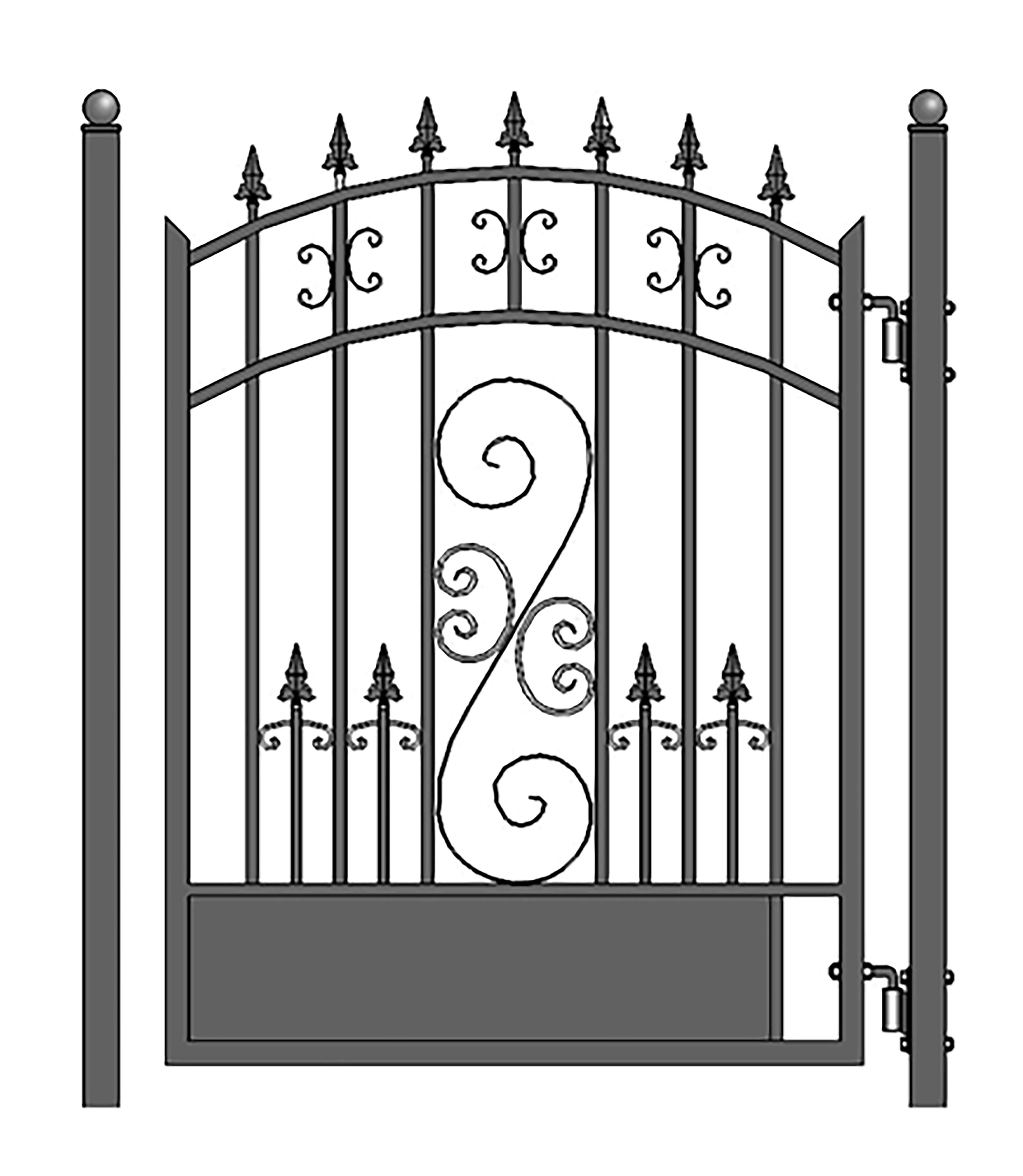 Venice Style Black Steel Arched Pedestrian Gate with Pointed Pickets