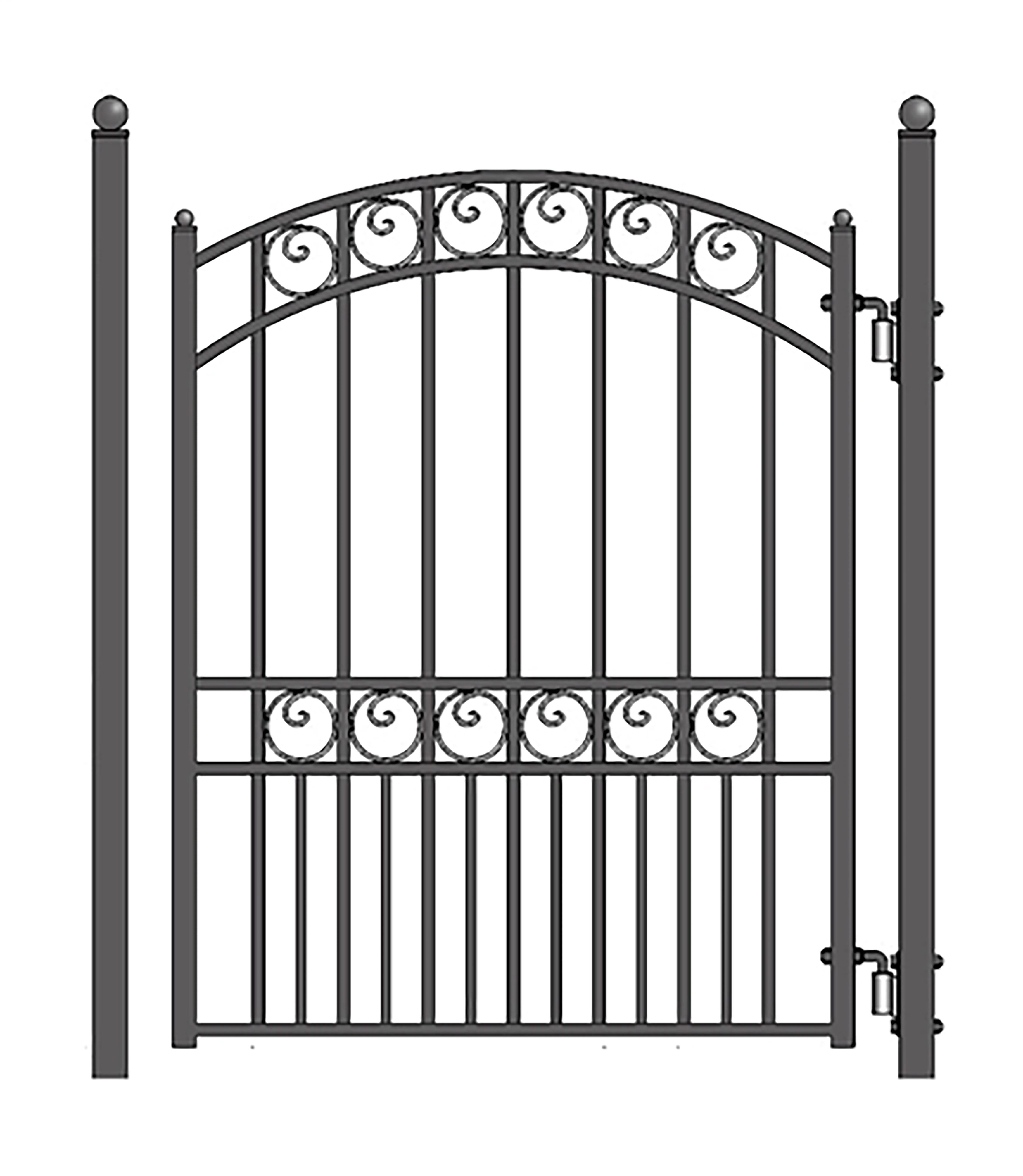 Black Arched Steel Pedestrian Gate with Ornamental Design