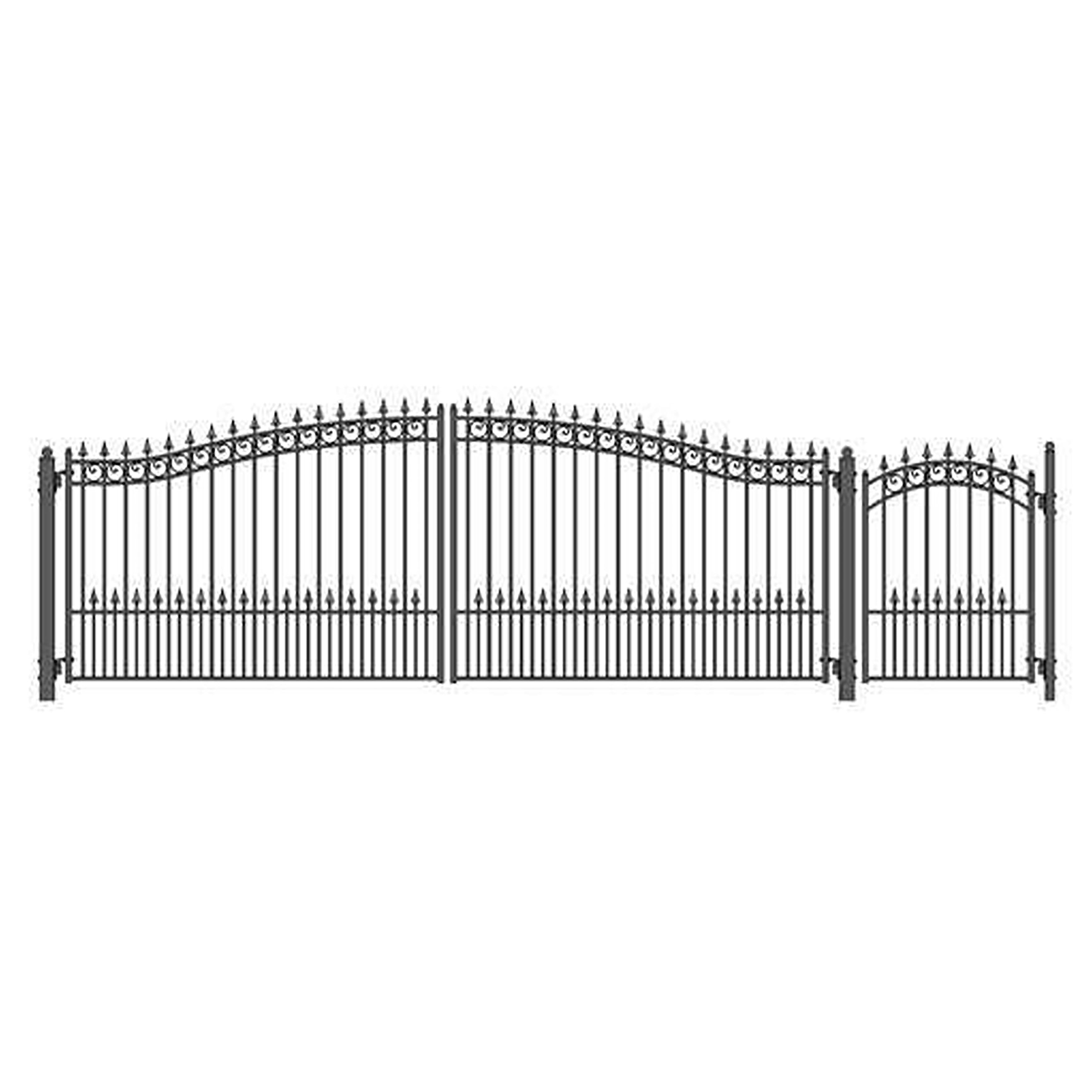 Prague Style Black Steel Dual Swing Driveway Gate with Pedestrian Gate