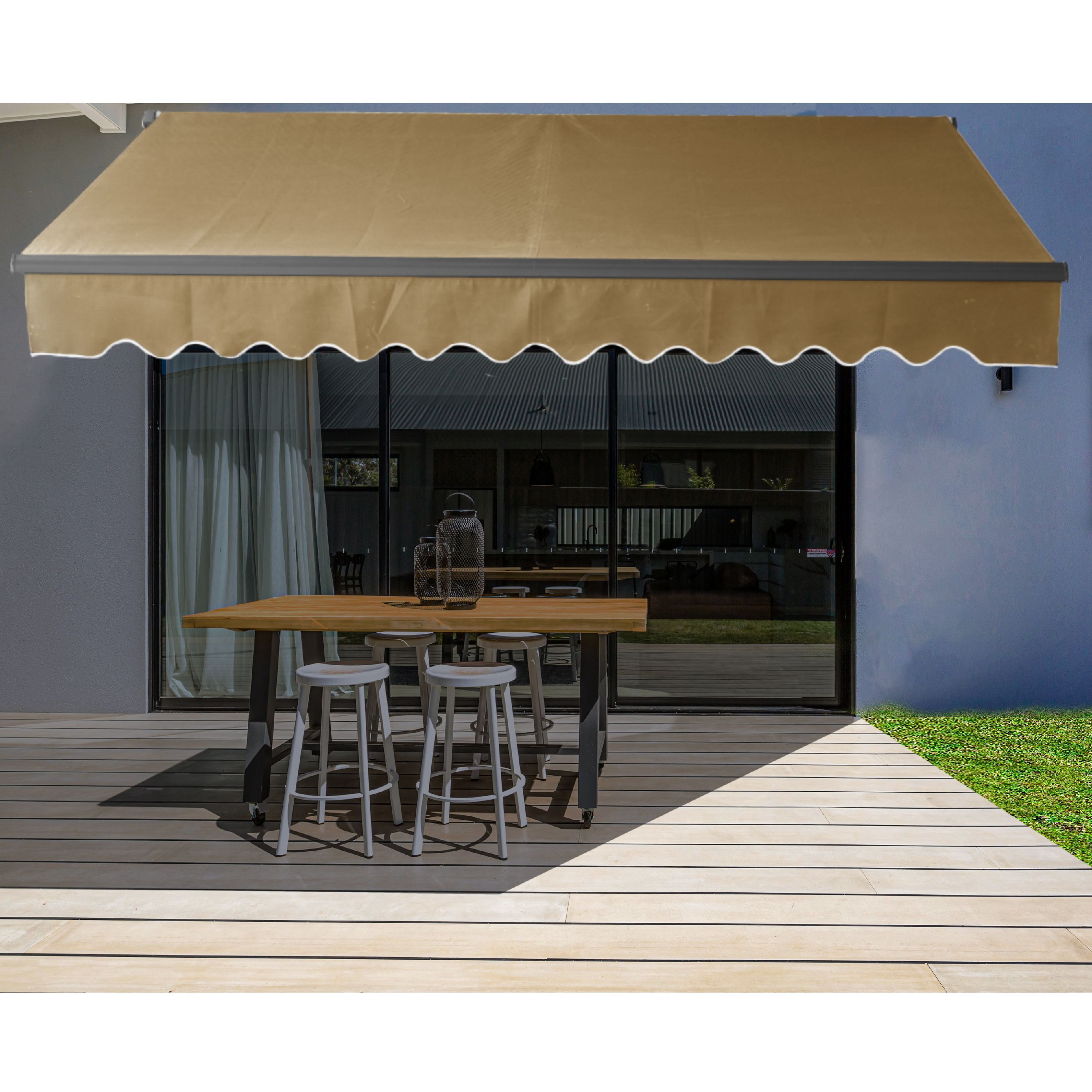 Sand Beige Motorized Retractable Patio Awning with Black Frame