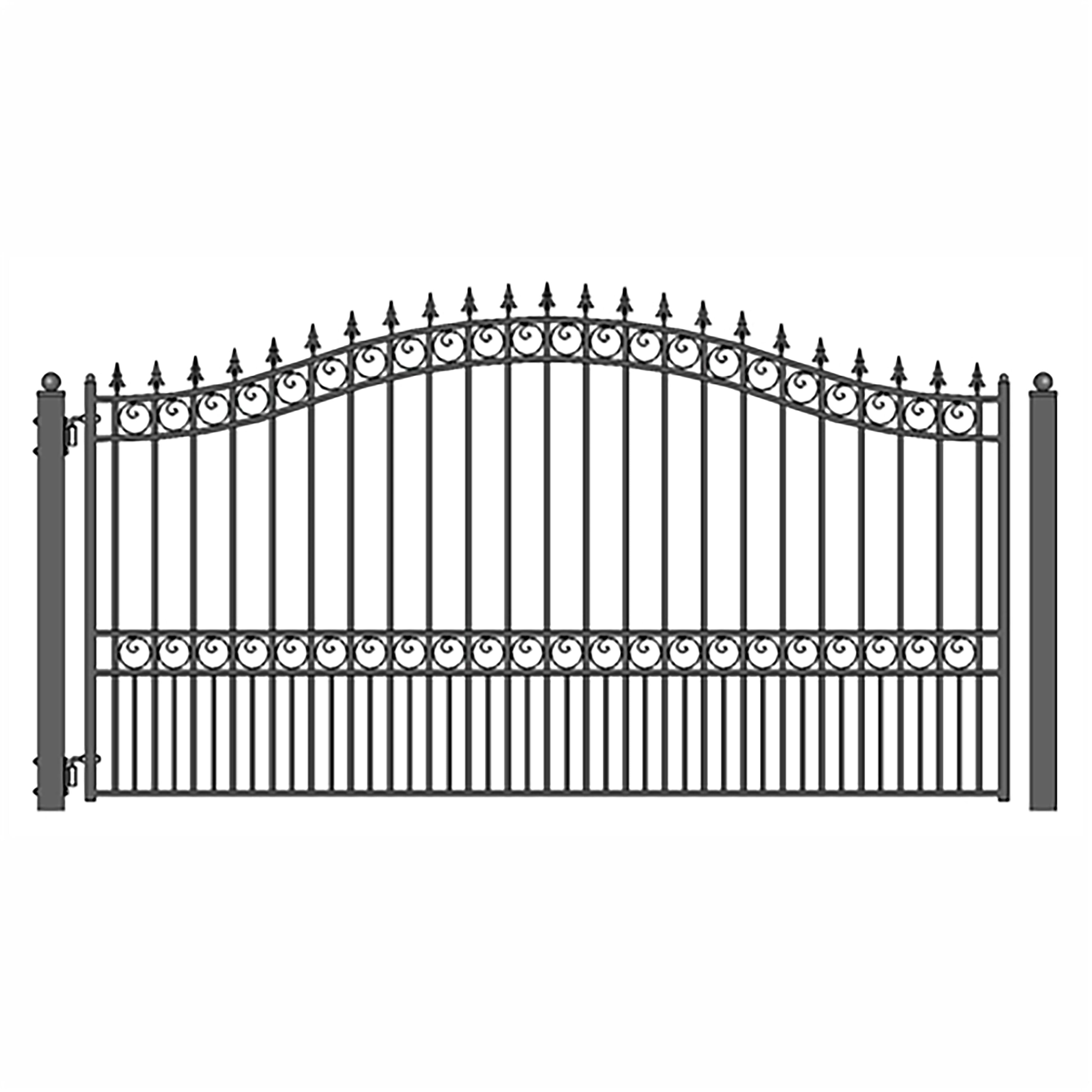 London Style Black Steel Arched Driveway Gate with Pointed Pickets