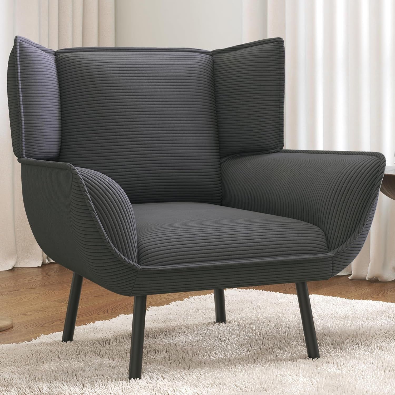 Gray Corduroy Wingback Accent Chair with Wood Frame