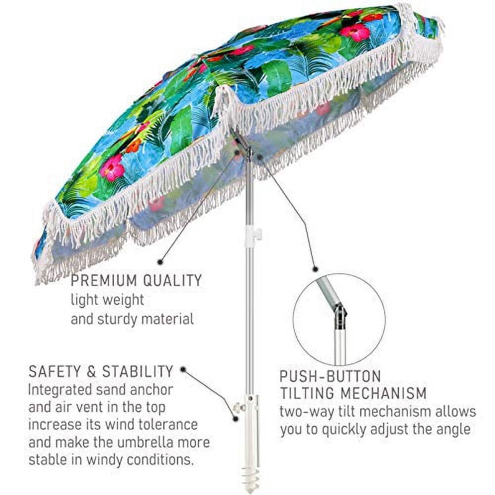 6.5ft Blue Polyester Beach Umbrella with Fringe and Metal Pole