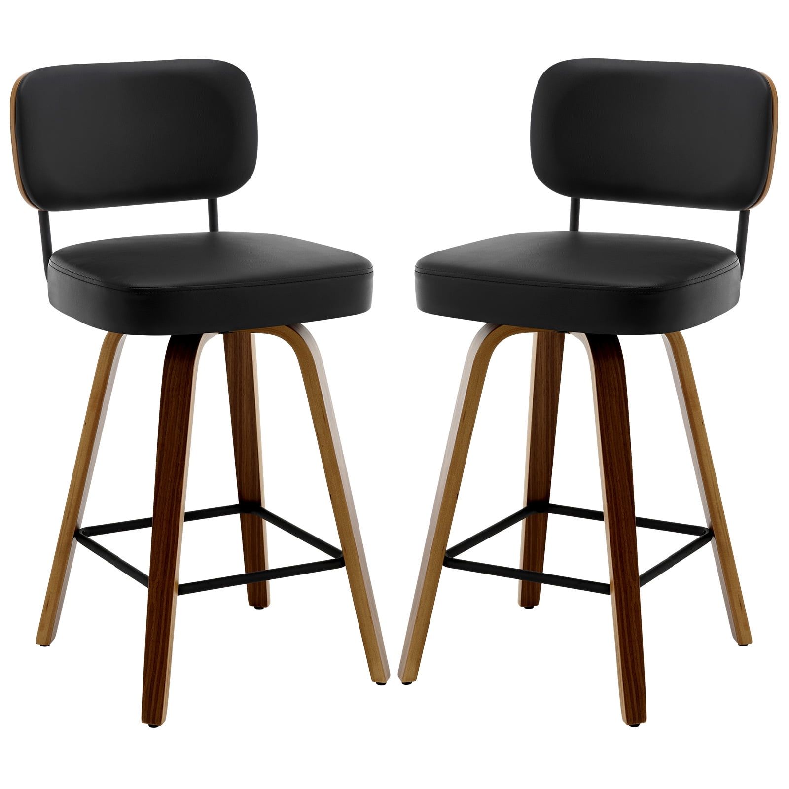 Black Swivel Counter Height Bar Stools with Walnut Wood Frame, Set of 2