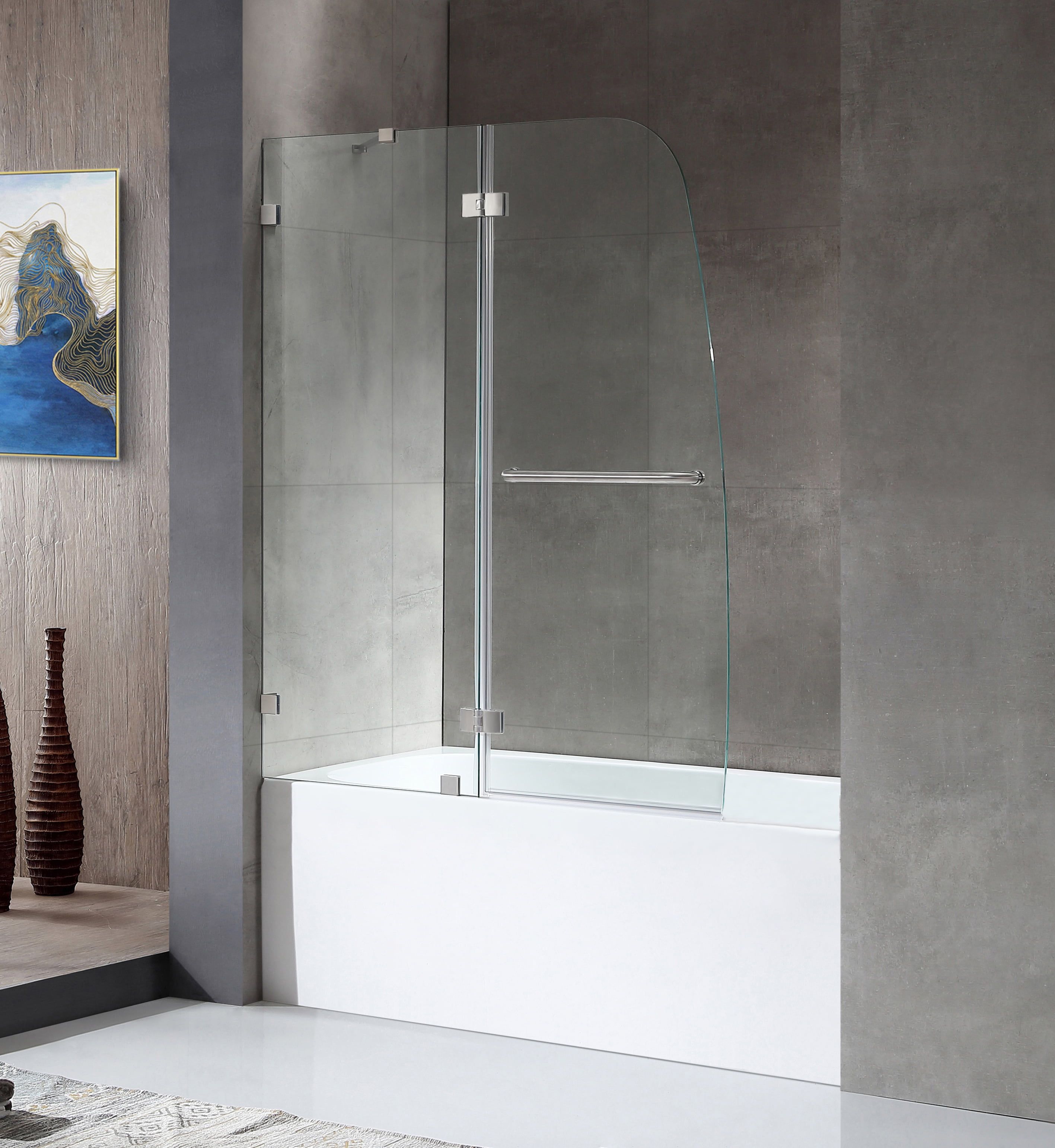 Pacific Frameless Hinged Tub Door in Brushed Nickel and Glass